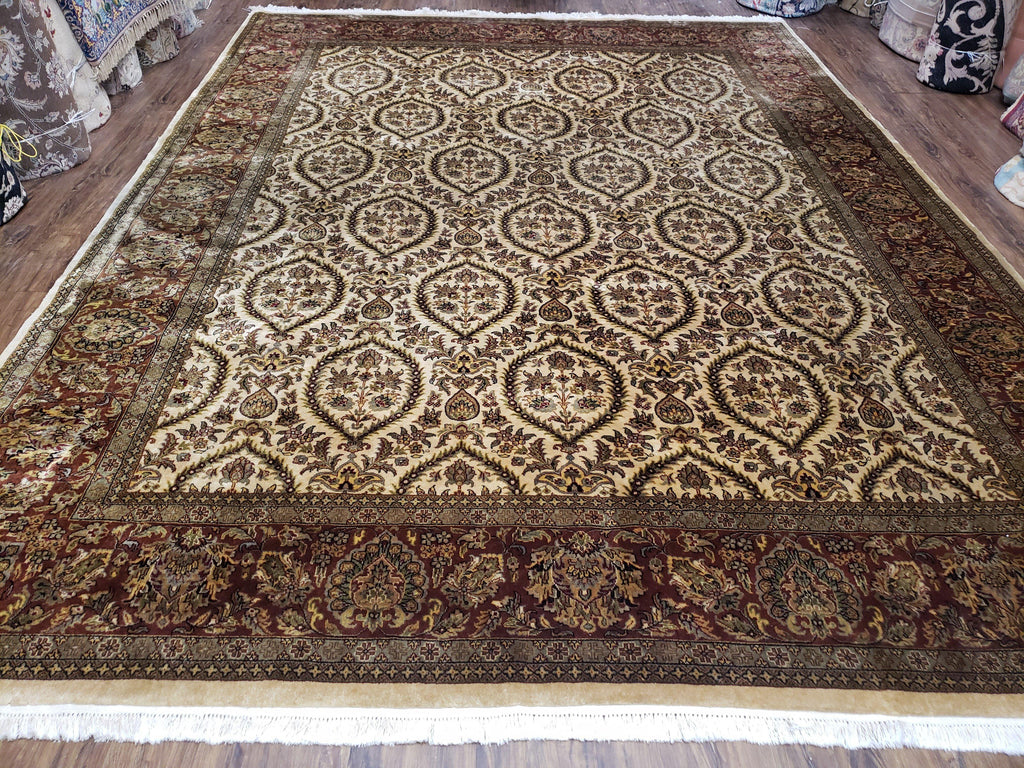 Vintage Indo Persian Area Rug 9x12, Wool Hand-Knotted Ivory & Dark Red Oriental Carpet, Fine Weave 9 x 12 Indian Rug, Dining Room Rug