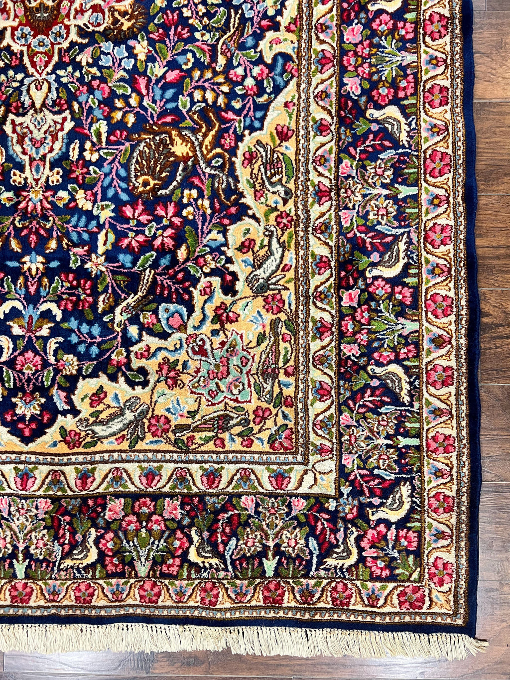 Persian Kirman Rug 6x9, Floral Medallion Vintage Wool Handmade Carpet 6 x 9, Animal Pictorials Birds, Semi Antique, Navy Blue, Millefleur