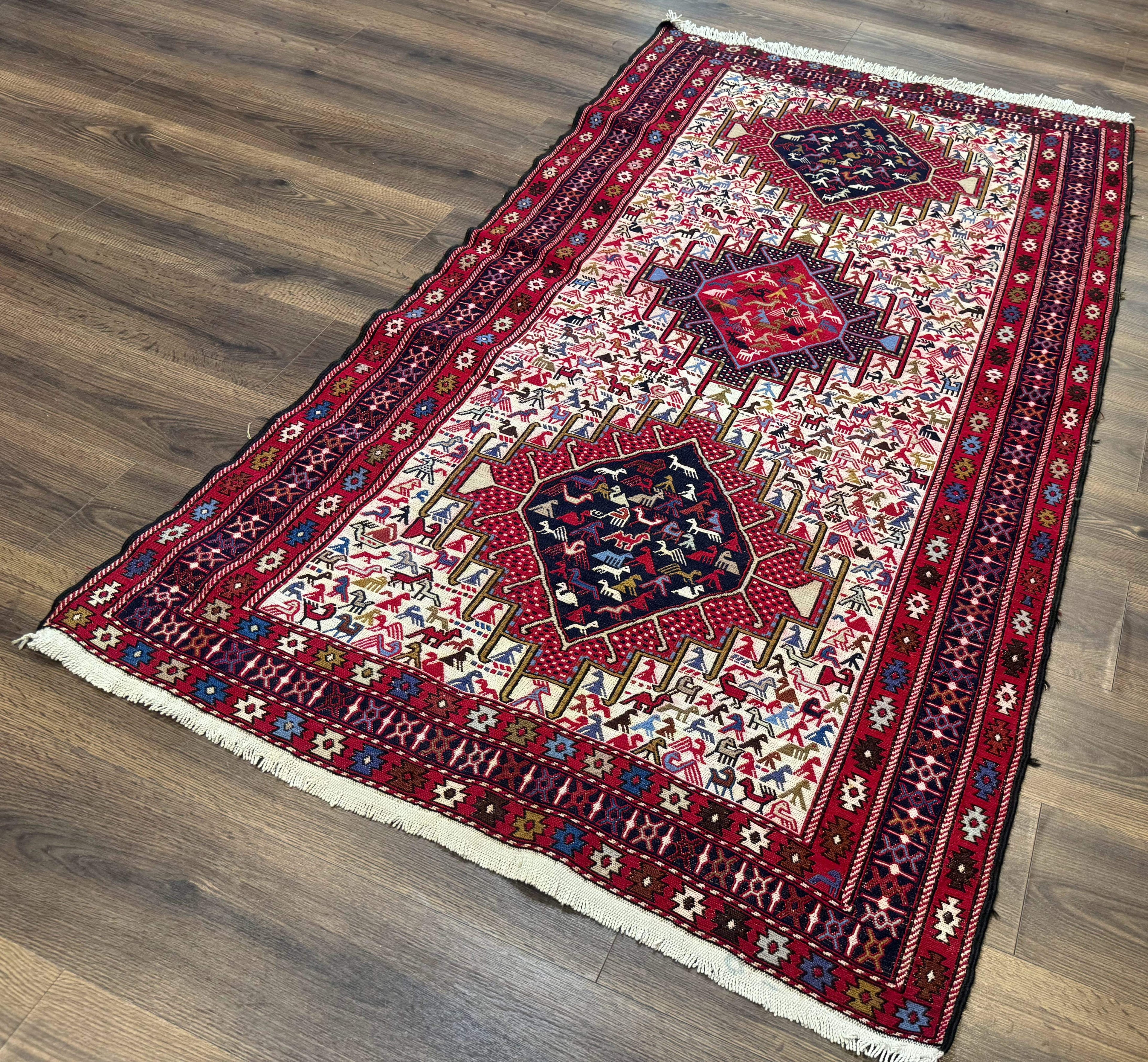 Persian Soumak Kilim Rug 4x6, Triple Medallions Tribal Pictorials, Caucasian Azerbaijani Kilim