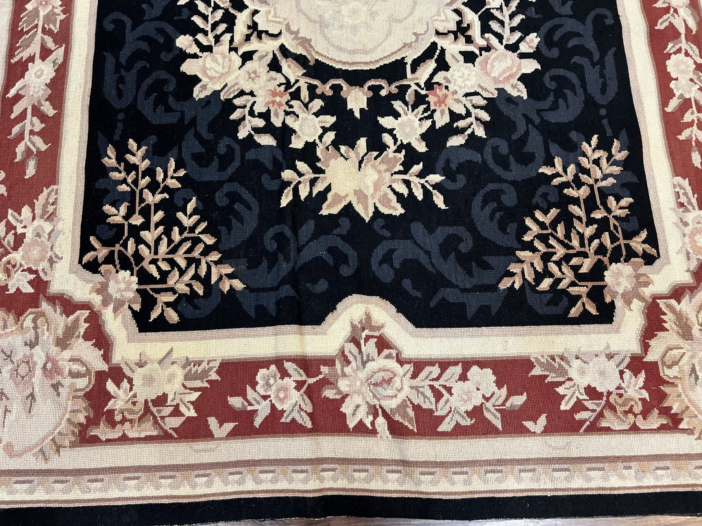 Needlepoint Rug 5x8, Wool Handmade Vintage European Design Carpet, Black & Maroon, French Aubusson Pattern Flatweave Rug