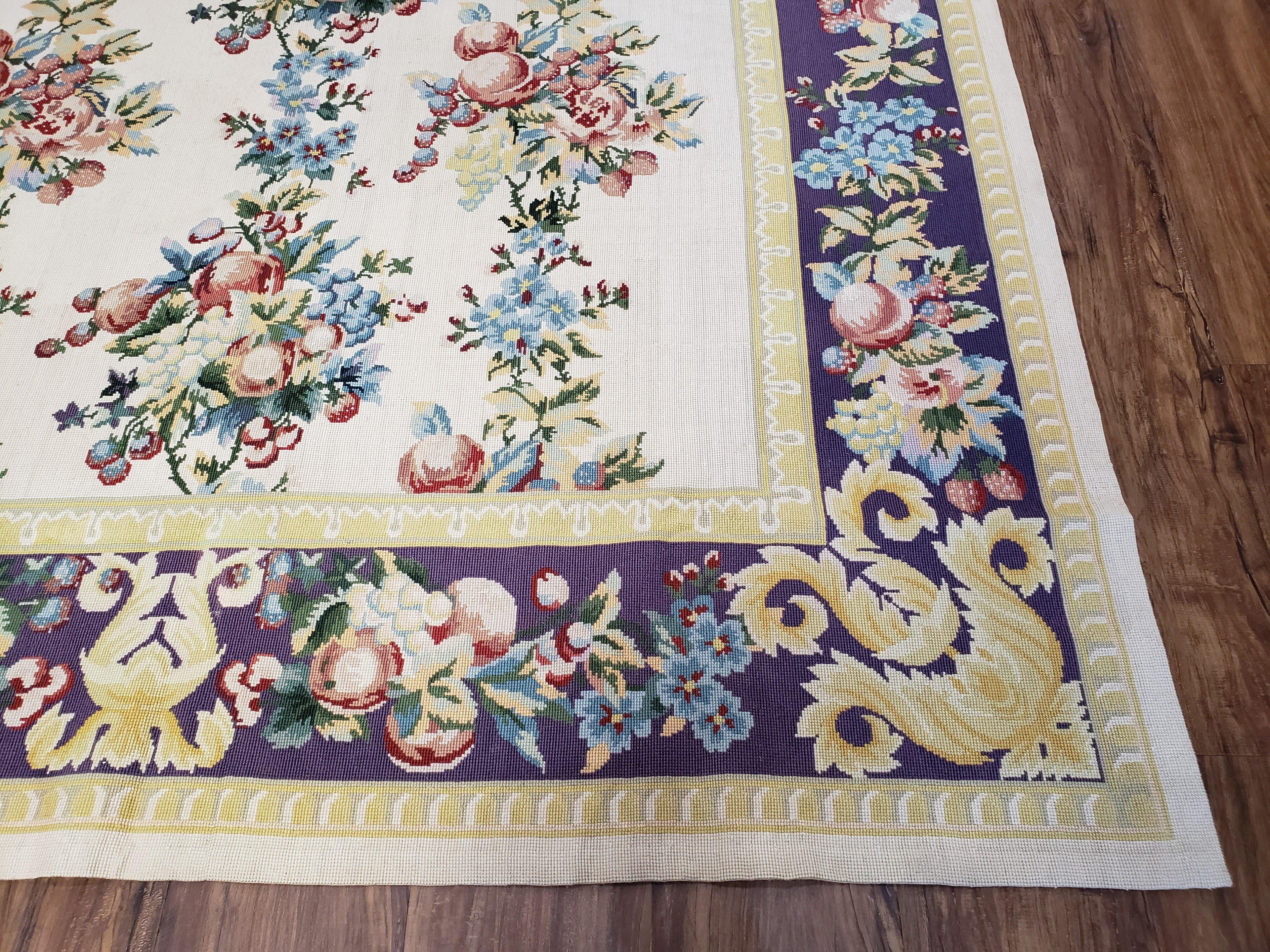 Vintage Chinese Floral Needlepoint Area Rug 6x9, Wool Hand-Woven Handmade Flatweave Rug, Ivory & Purple, Fruits Grapes Apples, Dining Room