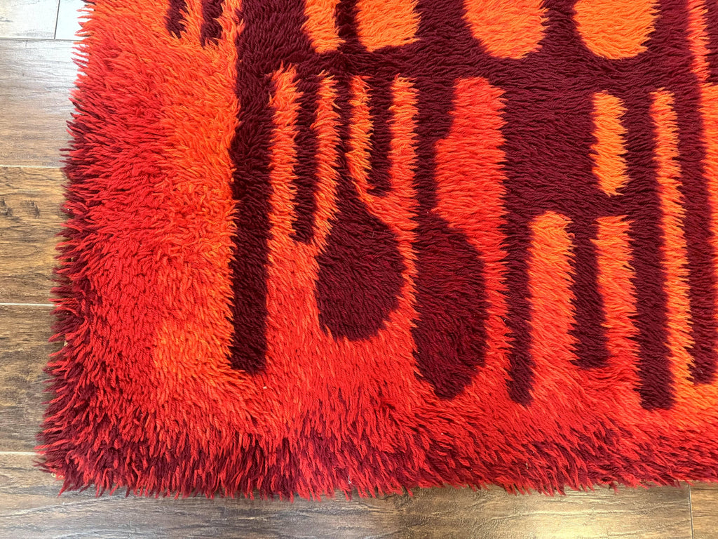 Danish Rya Shag Rug 4x6, Red Vintage Mid Century Retro Abstract Shag Rug