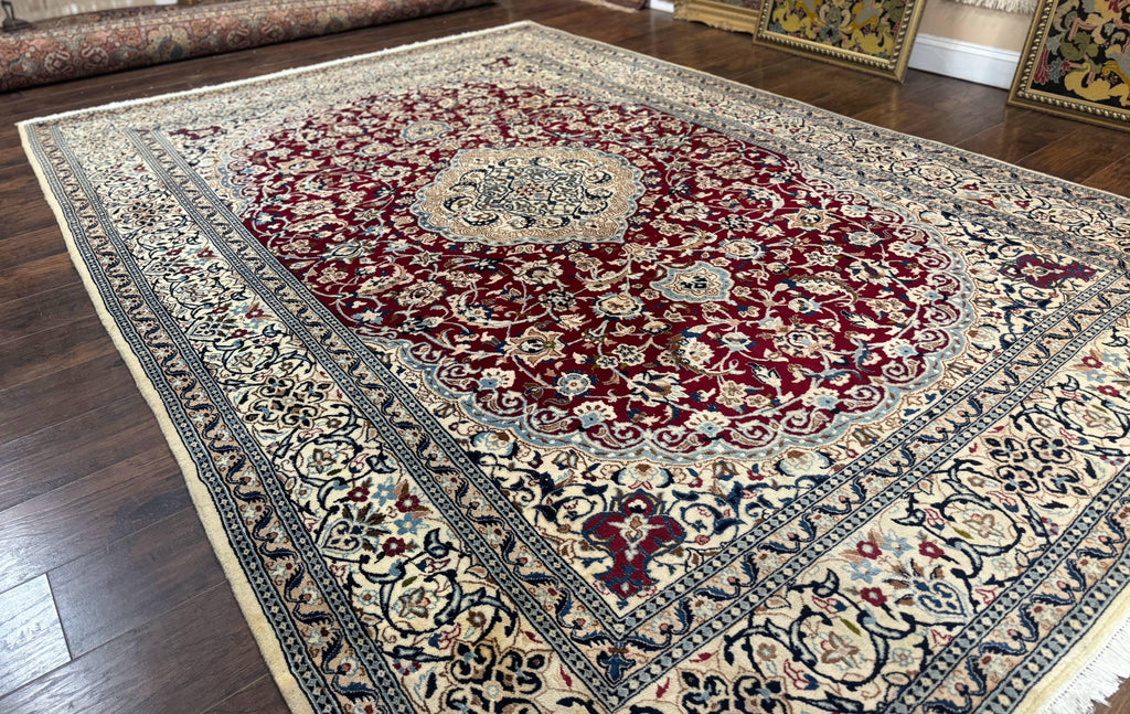 Persian Nain Rug 8x11, Wool and Silk Highlights, Burgundy & Ivory