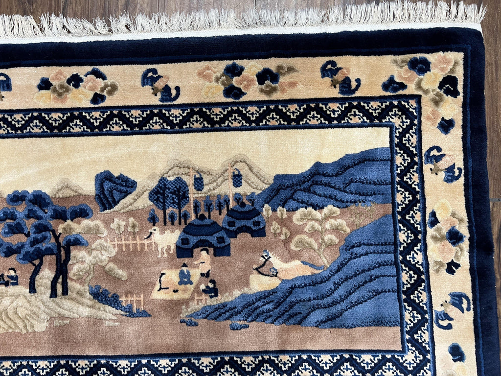 Antique Chinese Pictorial Rug 2.7 x 5, Chinese Village and Hills Carpet, Beige and Dark Blue, Handmade, Horizontal Rug Wall Hanging Tapestry