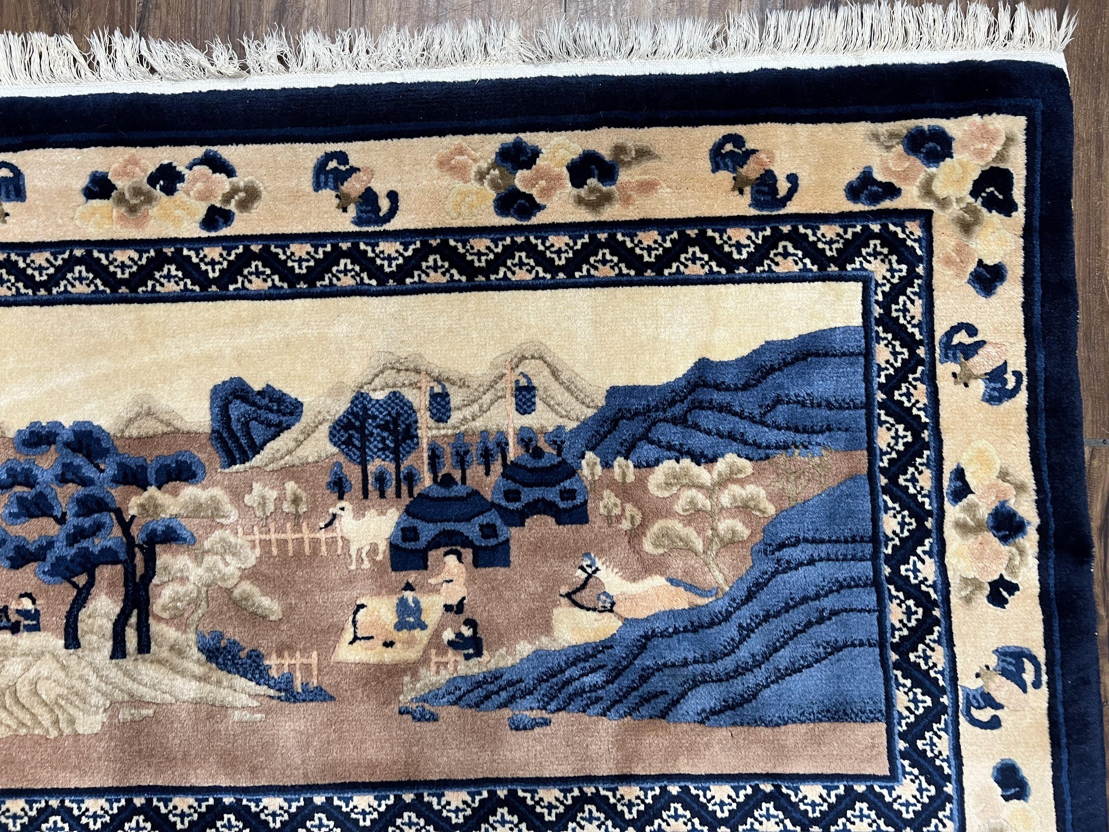 Antique Chinese Pictorial Rug 2.7 x 5, Chinese Village and Hills Carpet, Beige and Dark Blue, Handmade, Horizontal Rug Wall Hanging Tapestry