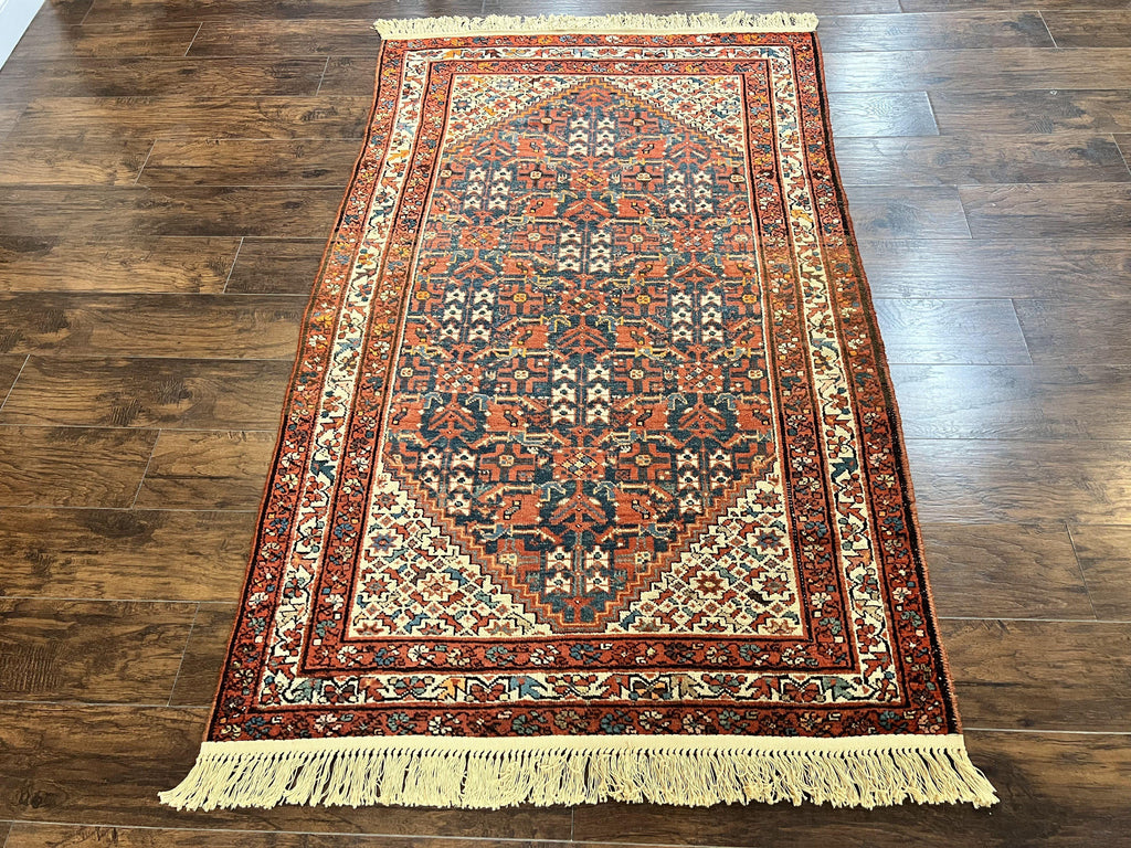 Persian Malayer Rug 4x7, Tribal Rug, Geometric, Antique Oriental Carpet, Red Blue Cream, Boho Rug, Hand Knotted Wool Rug