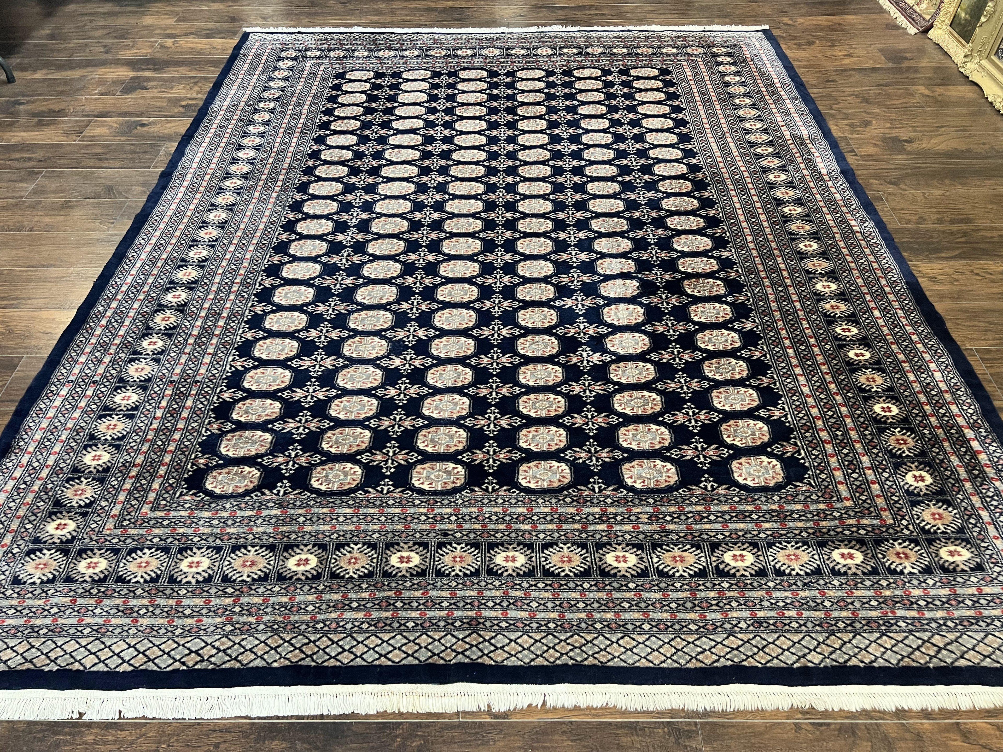 Pakistani Bokhara Rug 8x10, Turkoman Carpet, Dark Blue and Beige, Vintage Handmade Wool Carpet