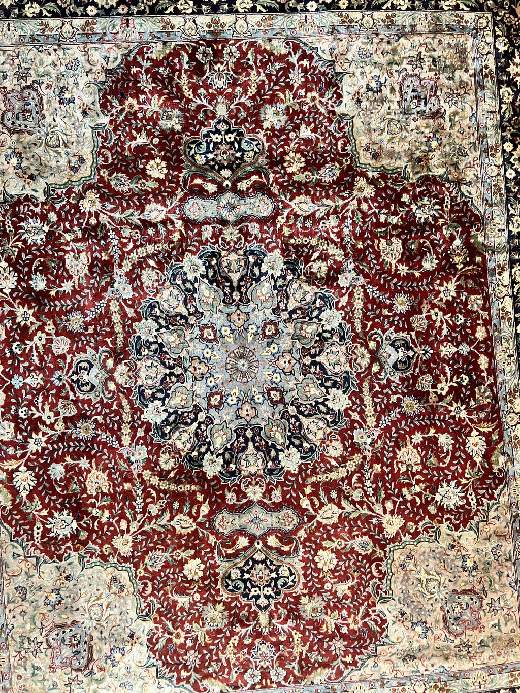 Pak Persian Rug 8x10, Wool Hand Knotted Vintage Carpet, Dark Red & Navy Blue, Dome Design Floral Medallion Rug, 8 x 10 Oriental Rug