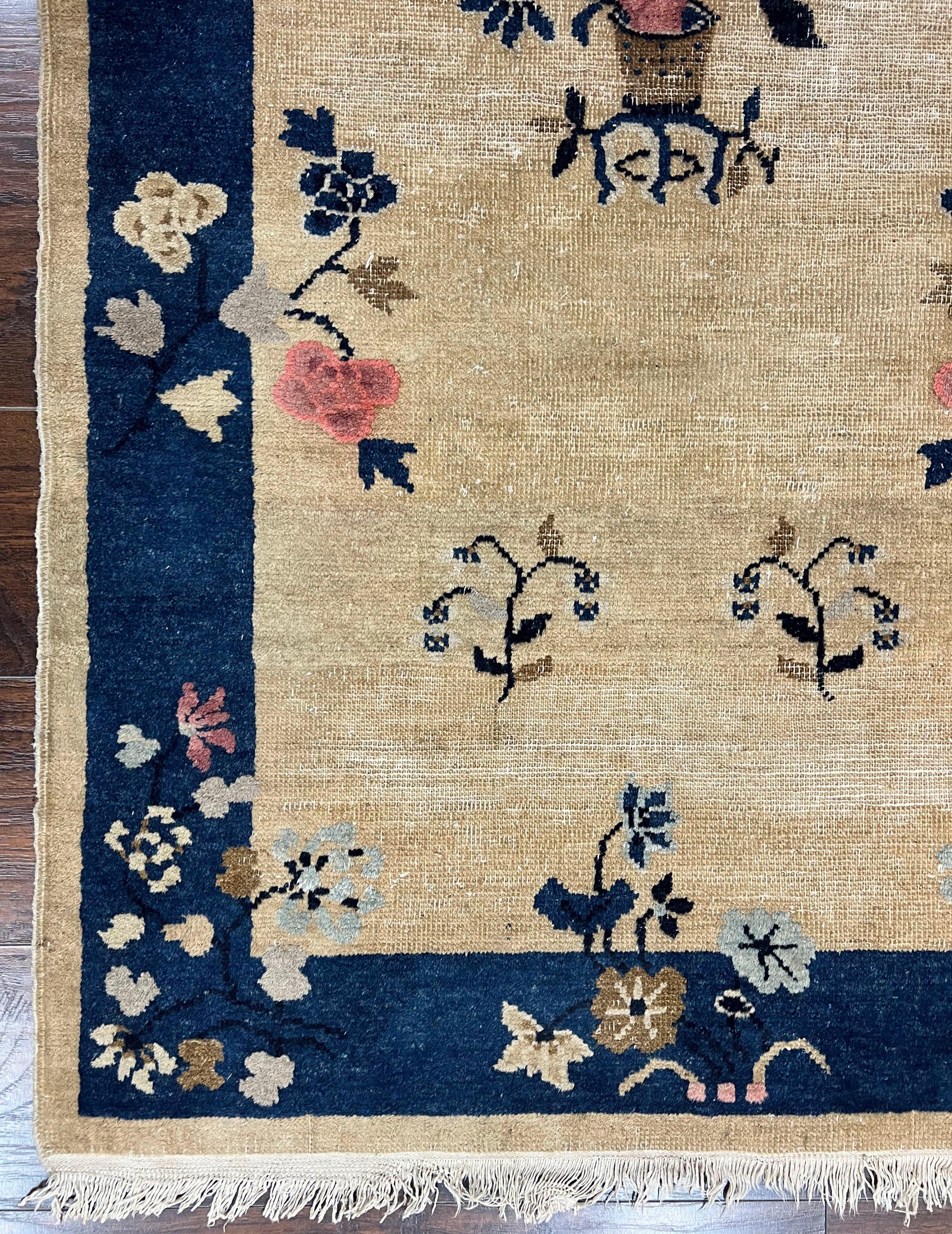 Antique Chinese Peking Rug 3x6, Beige and Dark Blue Hand Knotted Handmade Asian Oriental Carpet, Floral Vases, Vintage Wool Art Deco Rug