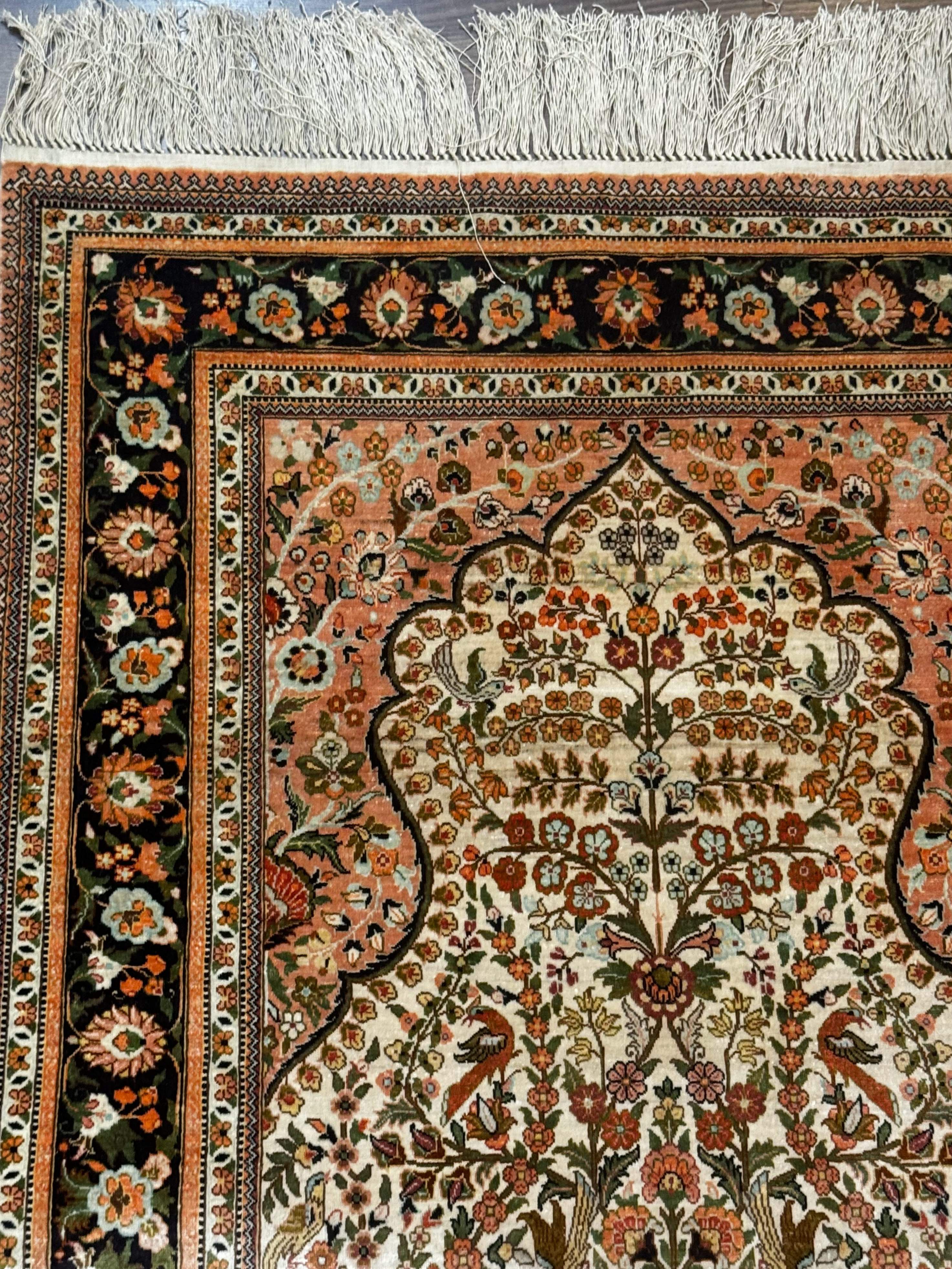 Exceptional Silk Rug 2.6 x 4, Very Fine 630 KPSI, Persian Vase Tree of Life Bird Pictorials, Handmade