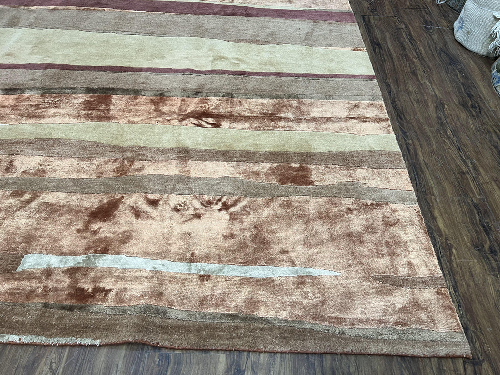 Modern Tibetan Rug 8x11 Nepali Carpet, Shiny Velvely Soft Wool and Silk, Contemporary Hand Knotted Rug, Striped Design, Wool Area Rug 8 x 11