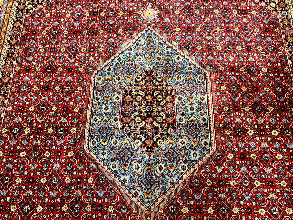 Indo Persian Bidjar Rug 10x14, Red and Dark Blue, Herati Mahi Pattern, Vintage