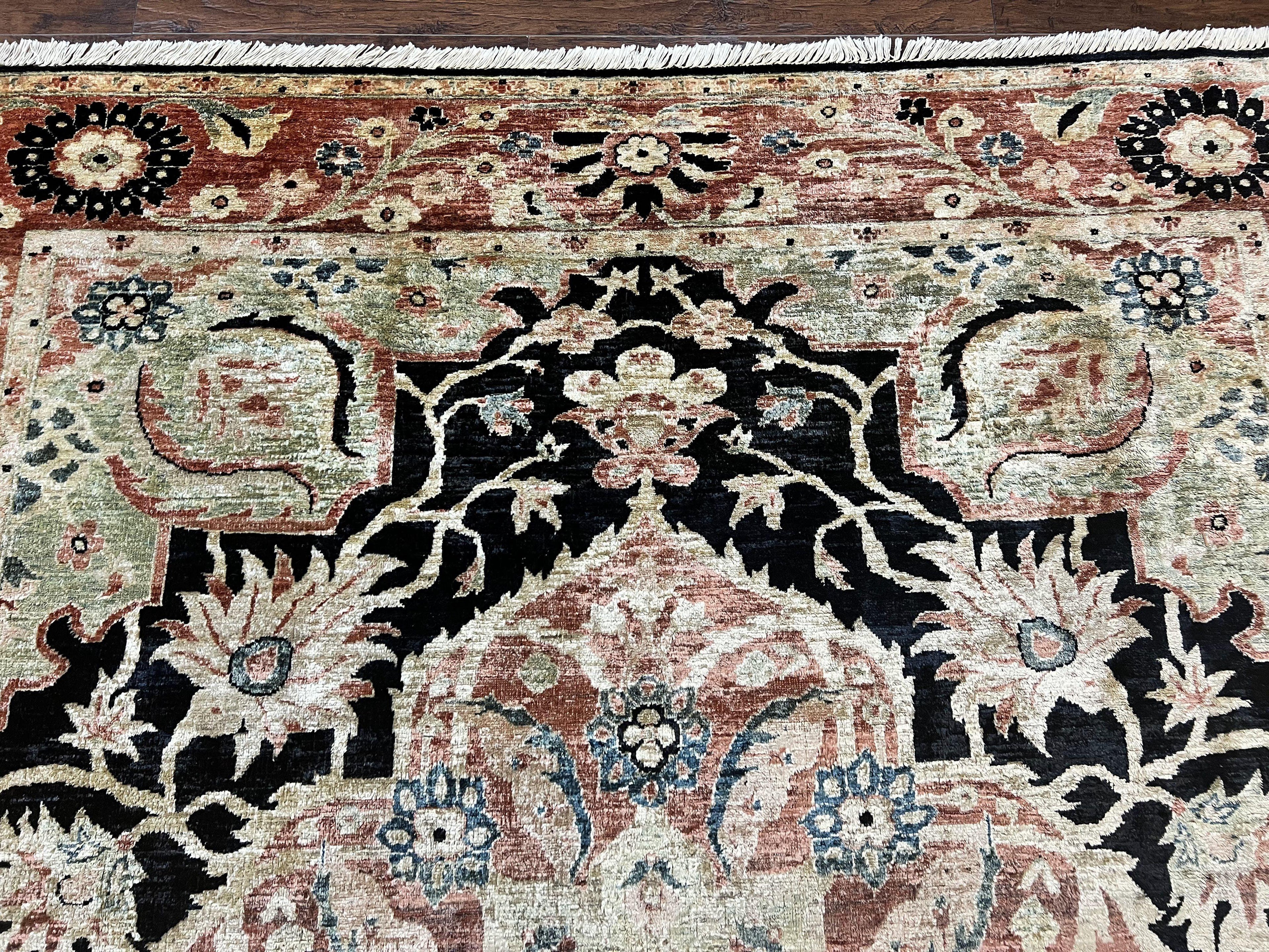 Pak Persian Rug 8x10, Pakistani Mahal Sultanabad Carpet, Signature from Master Weaver, Shiny Wool, Black Red Vintage Handmade Medallion Rug