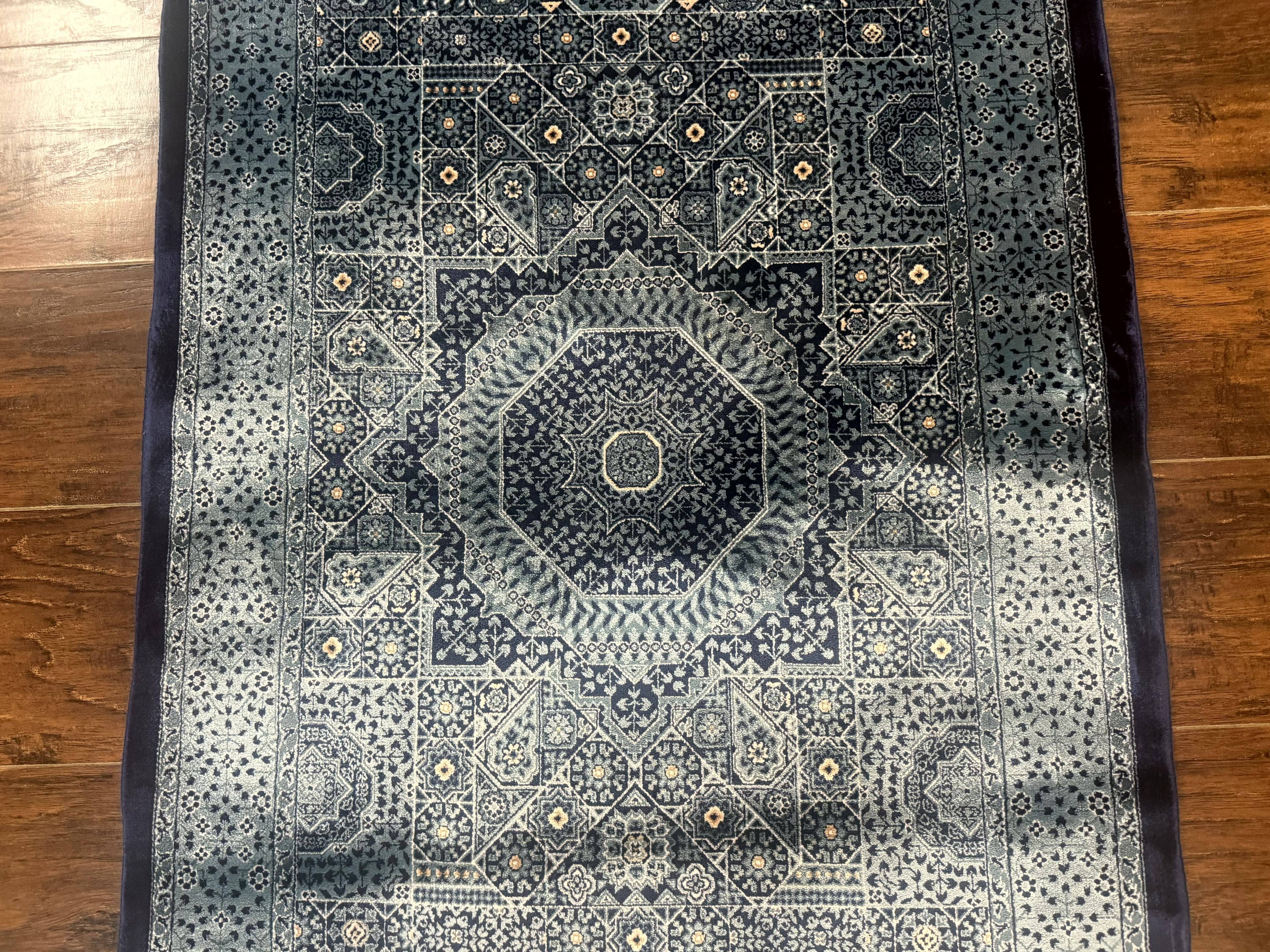 Blue Turkish Silk Hereke Rug 2.6 x 4, Mamluk Red, Blue, Bamboo Silk