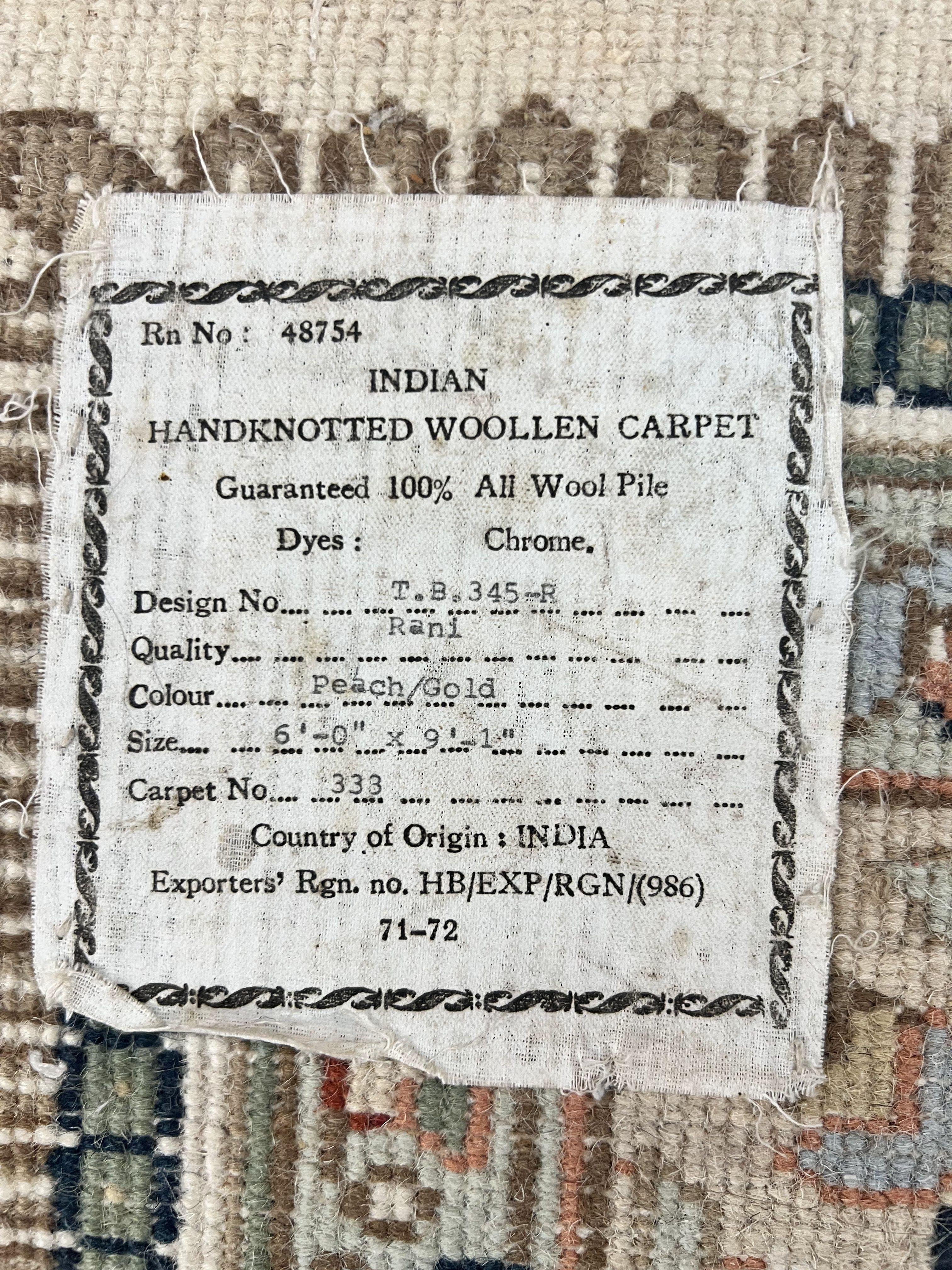 Indo Persian Rug 6x9, Wool Hand Knotted Vintage Carpet, Salmon & Ivory, Traditional Oriental Rug 6 x 9