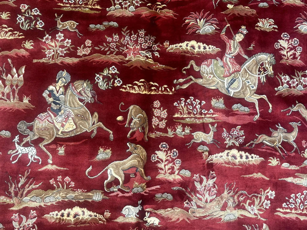 Turkish Silk Rug 8x10, Red & Ivory, Hunting Design, Bamboo Silk, New