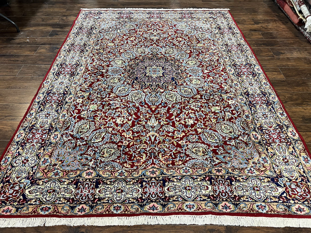 Persian Kirman Rug 7x10, Hand Knotted Wool Floral Medallion Carpet, Dark Red