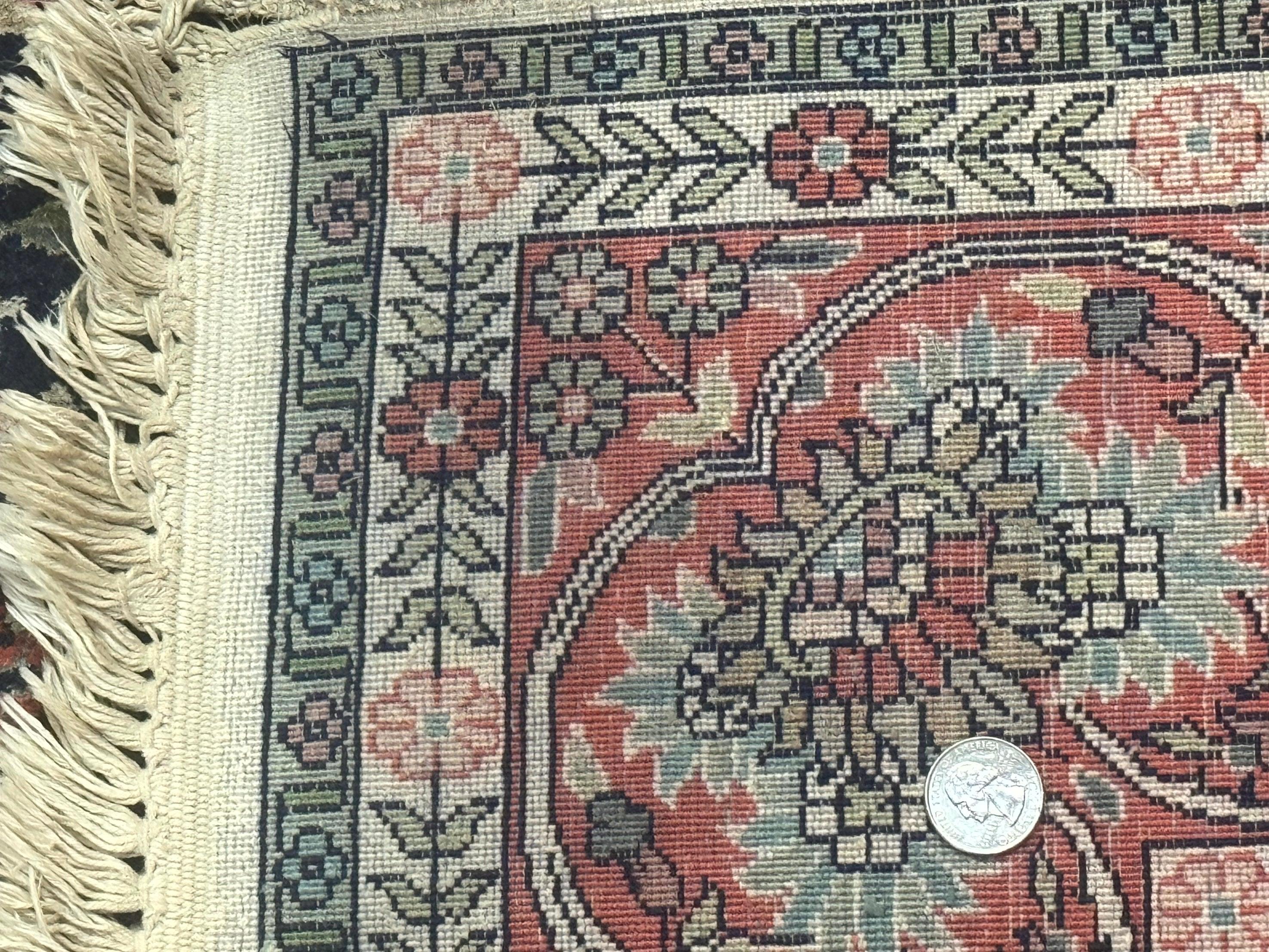 Silk Indian Kashmiri Rug 4x6, Tree of Life Pattern, Birds, Fine 290 KPSI, Navy Blue and Red, Handmade Oriental Carpet