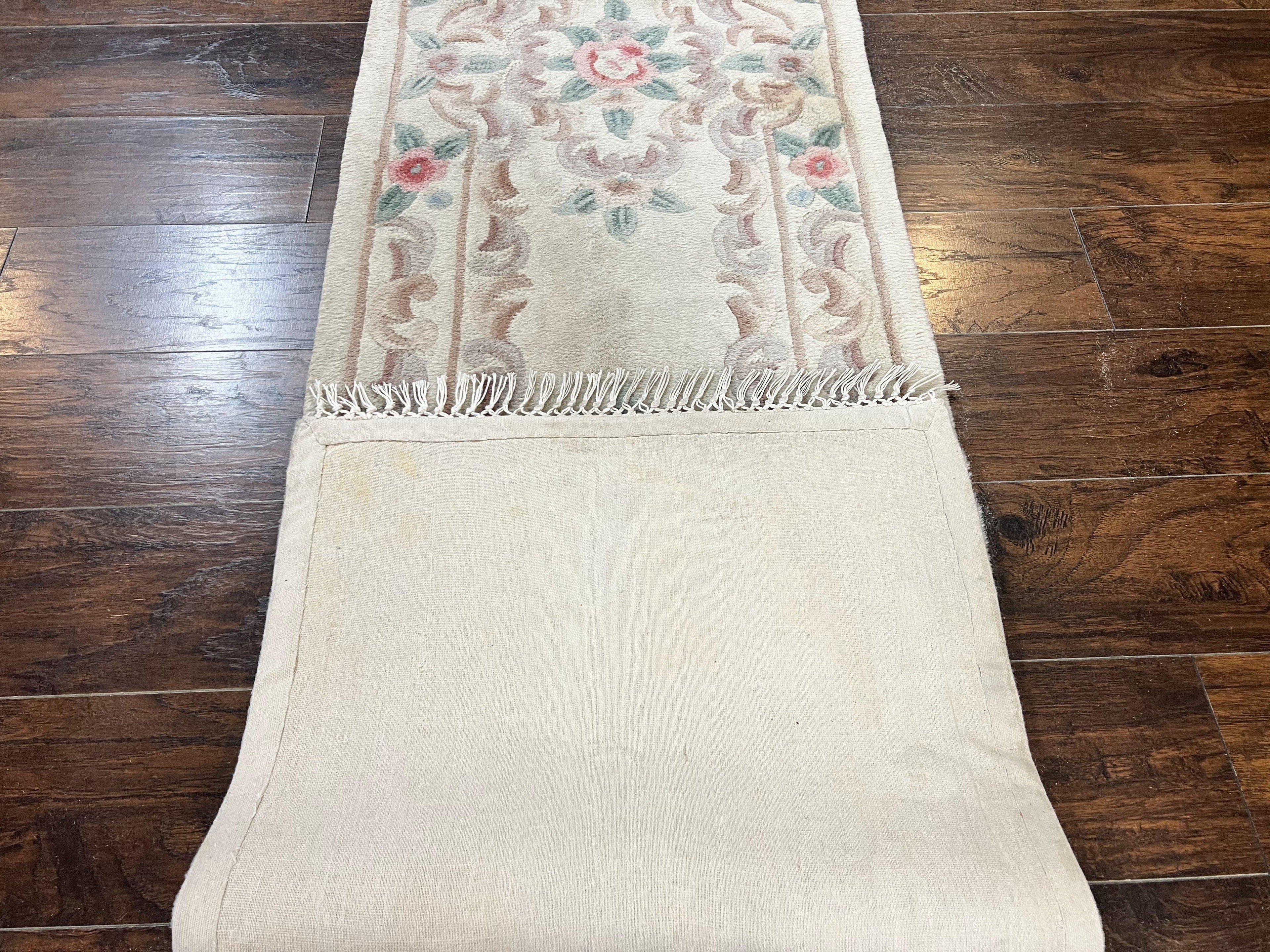 Chinese Aubusson Runner Rug 2.4 x 11, Hand Tufted Beige Floral European Design Hallway Rug, Elegant Rug, Vintage Wool Rug 11ft Long