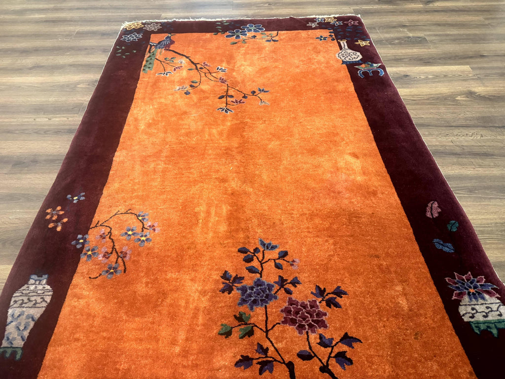 Chinese Art Deco Rug 5x8, Antique Chinese Wool Rug, Nichols Rug, Rare Chinese Carpet, Orange and Purple-Maroon