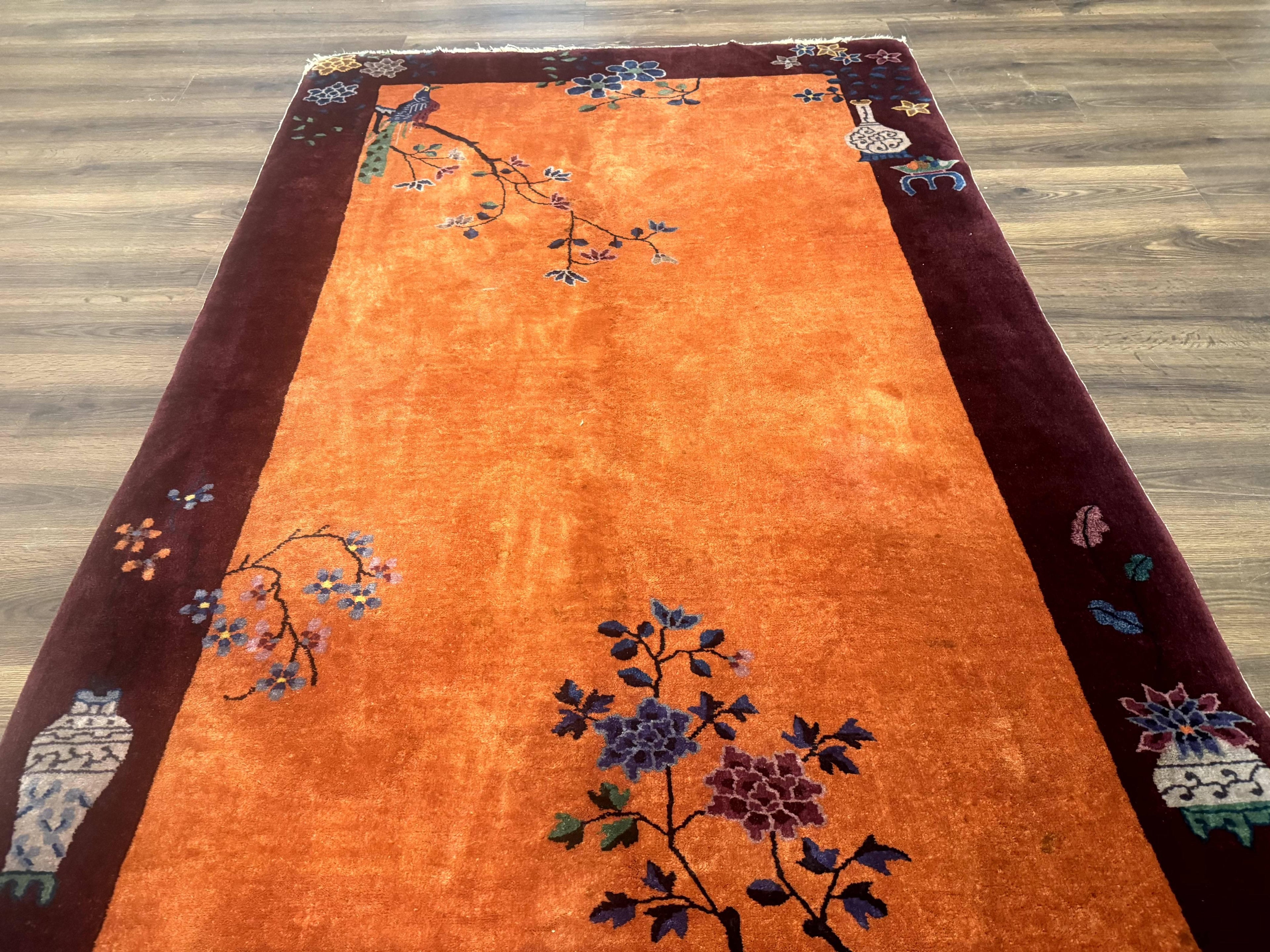 Chinese Art Deco Rug 5x8, Antique Chinese Wool Rug, Nichols Rug, Rare Chinese Carpet, Orange and Purple-Maroon