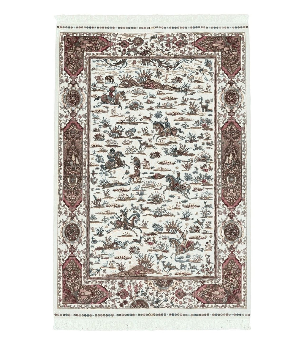 Turkish Silk Rug 5x8, Ivory, Hunting Design, Animal Pictorials, Bamboo Silk