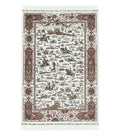 Turkish Silk Rug 5x8, Ivory, Hunting Design, Animal Pictorials, Bamboo Silk