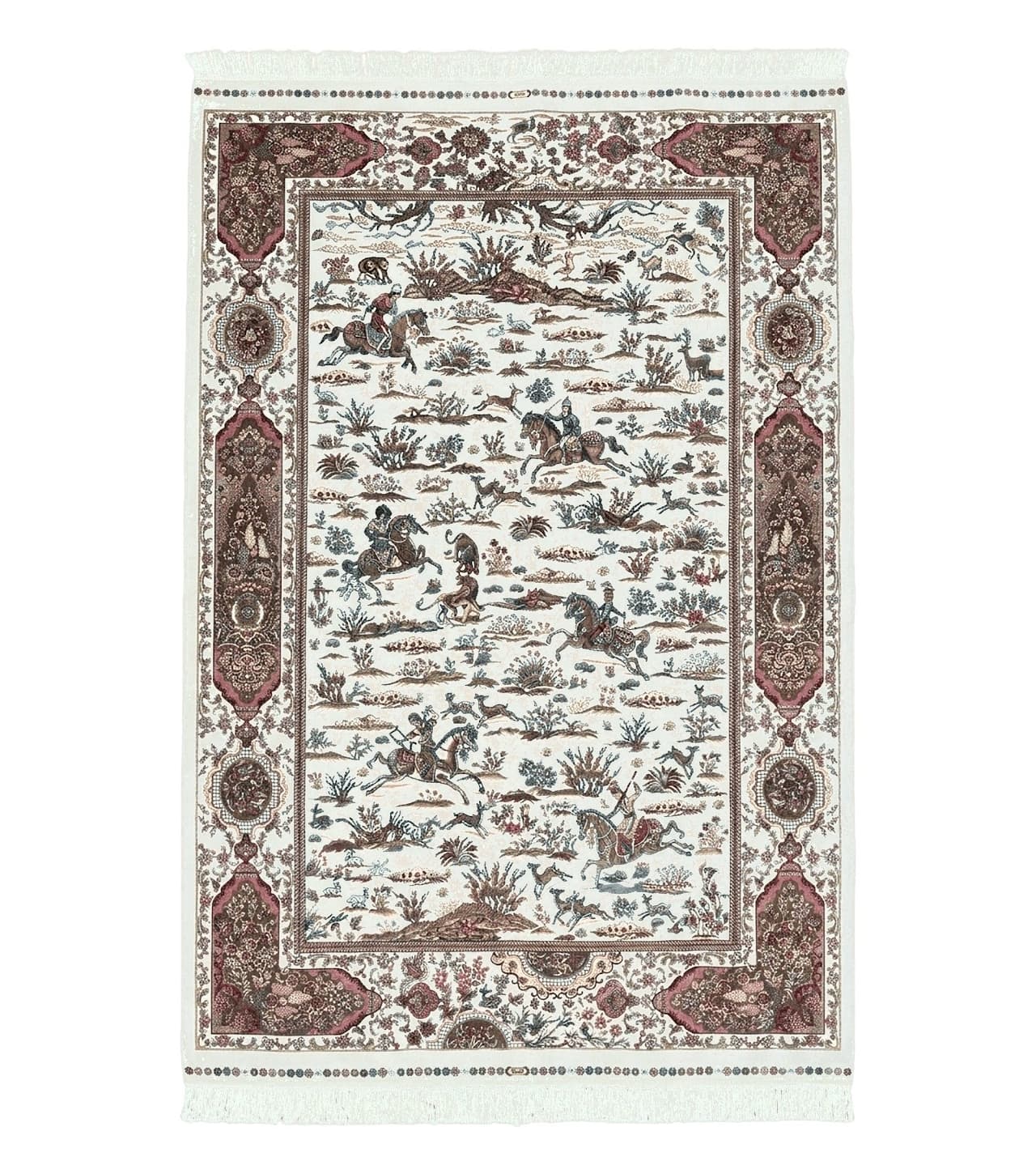 Turkish Silk Rug 5x8, Ivory, Hunting Design, Animal Pictorials, Bamboo Silk