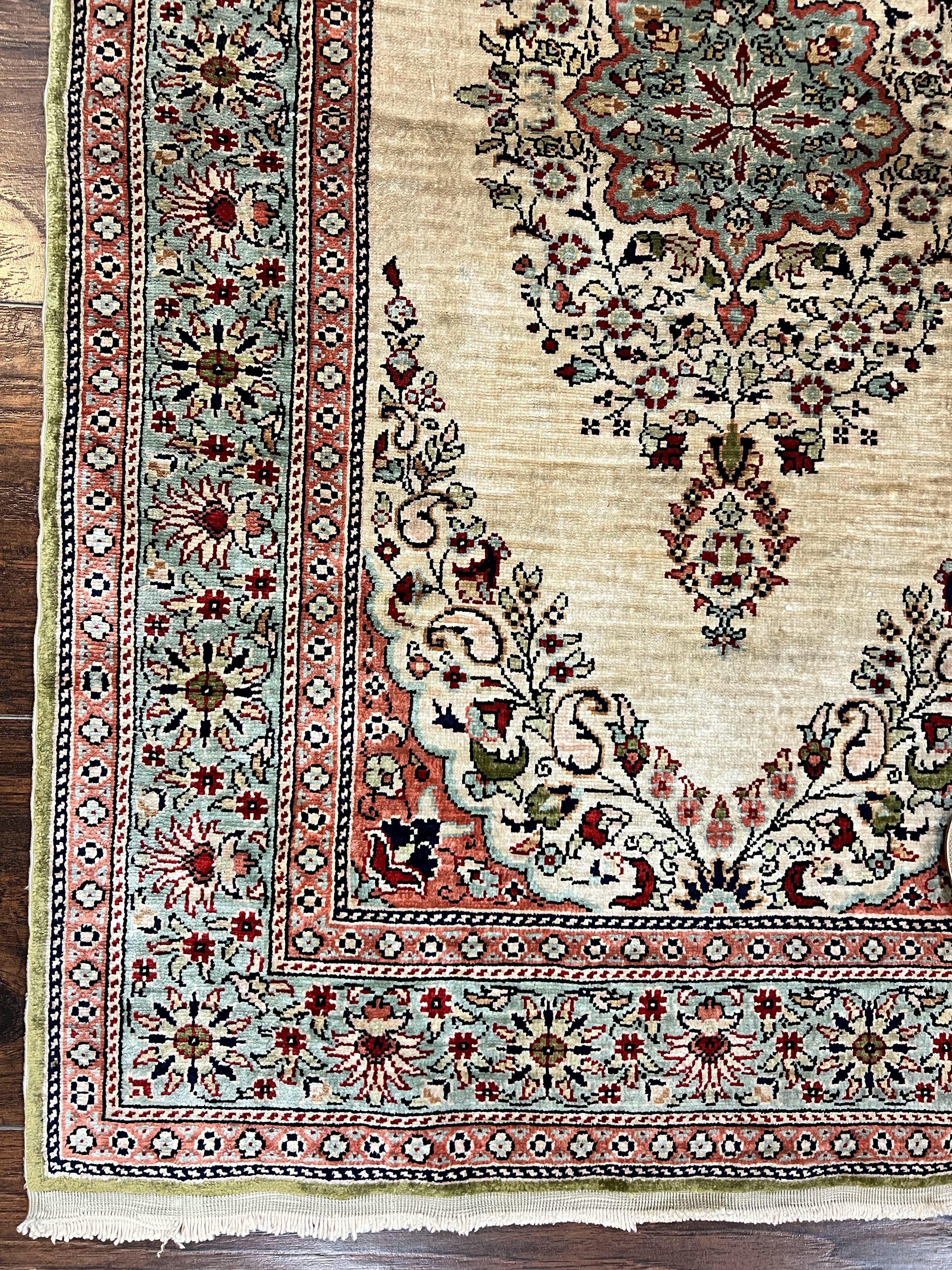 Silk Turkish Kayseri Rug 2x3, Very Finely Hand Knotted, Semi Open Field, Vintage, Silk Pile on Silk Foundation, 300 KPSI