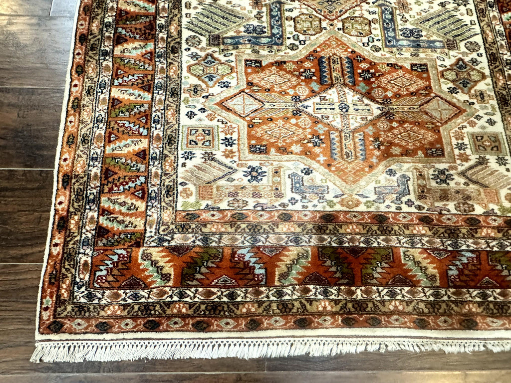 Turkish Kazak Rug 4x6, Geometric Medallions, Vintage Handmade Wool Carpet