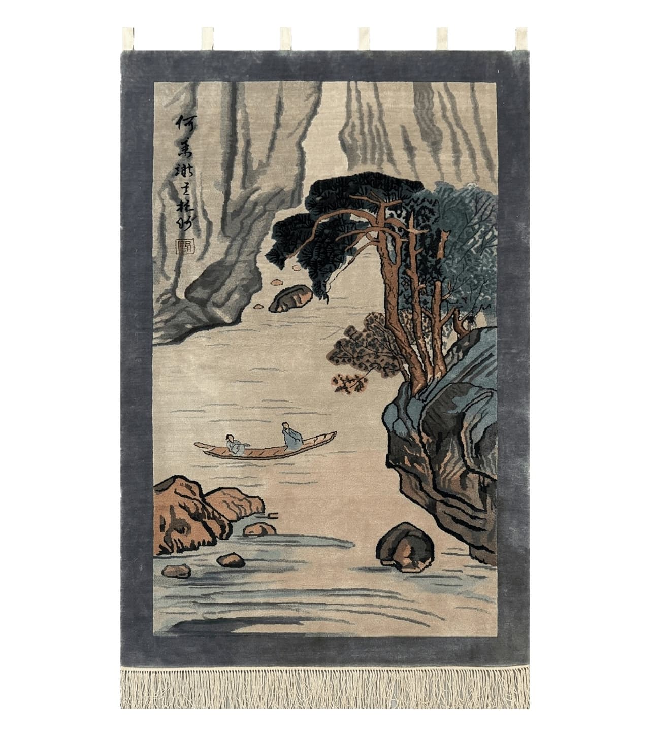 Chinese Silk Wall Hanging 3x5, Handmade, River and Boat Scene, Rug Tapestry