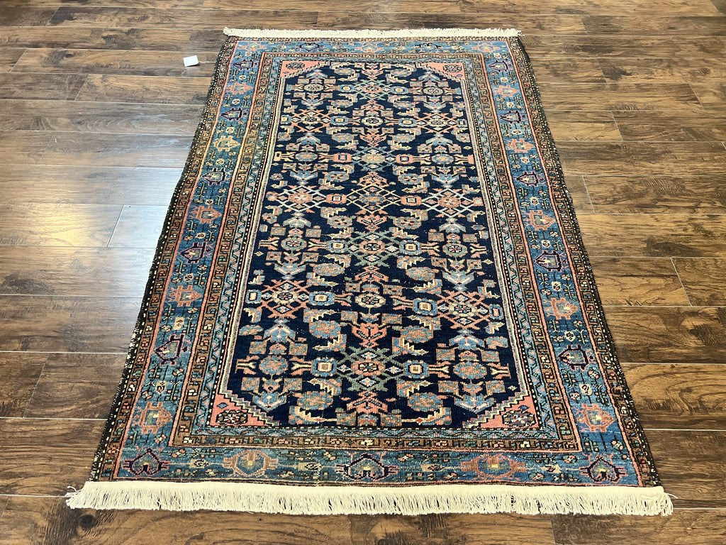 Antique Persian Tribal Rug 5x7, Navy Blue & Pink, Hand Knotted Handmade 1920s Wool Rug, Allover Pattern, Persian Hamadan Rug