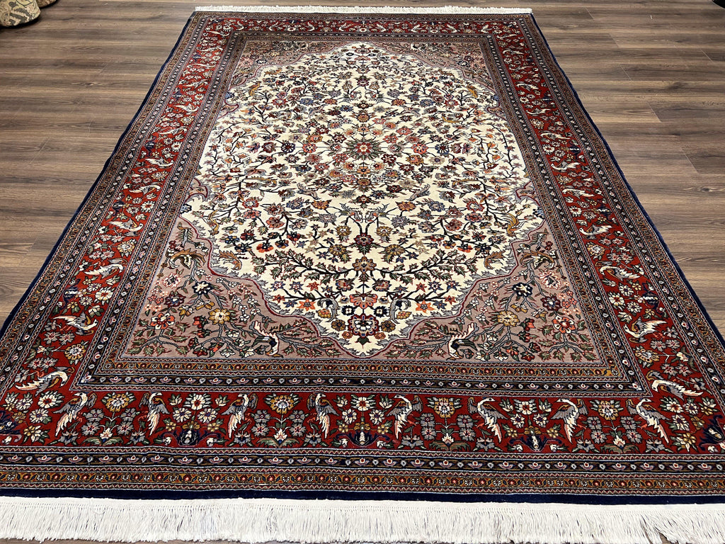 Beautiful Sino Persian Rug 7x10, Circle of Life Tree of Life Rug, Birds, Cream Red Navy Blue Taupe, Wool Silk Accents, Hand Knotted Vintage
