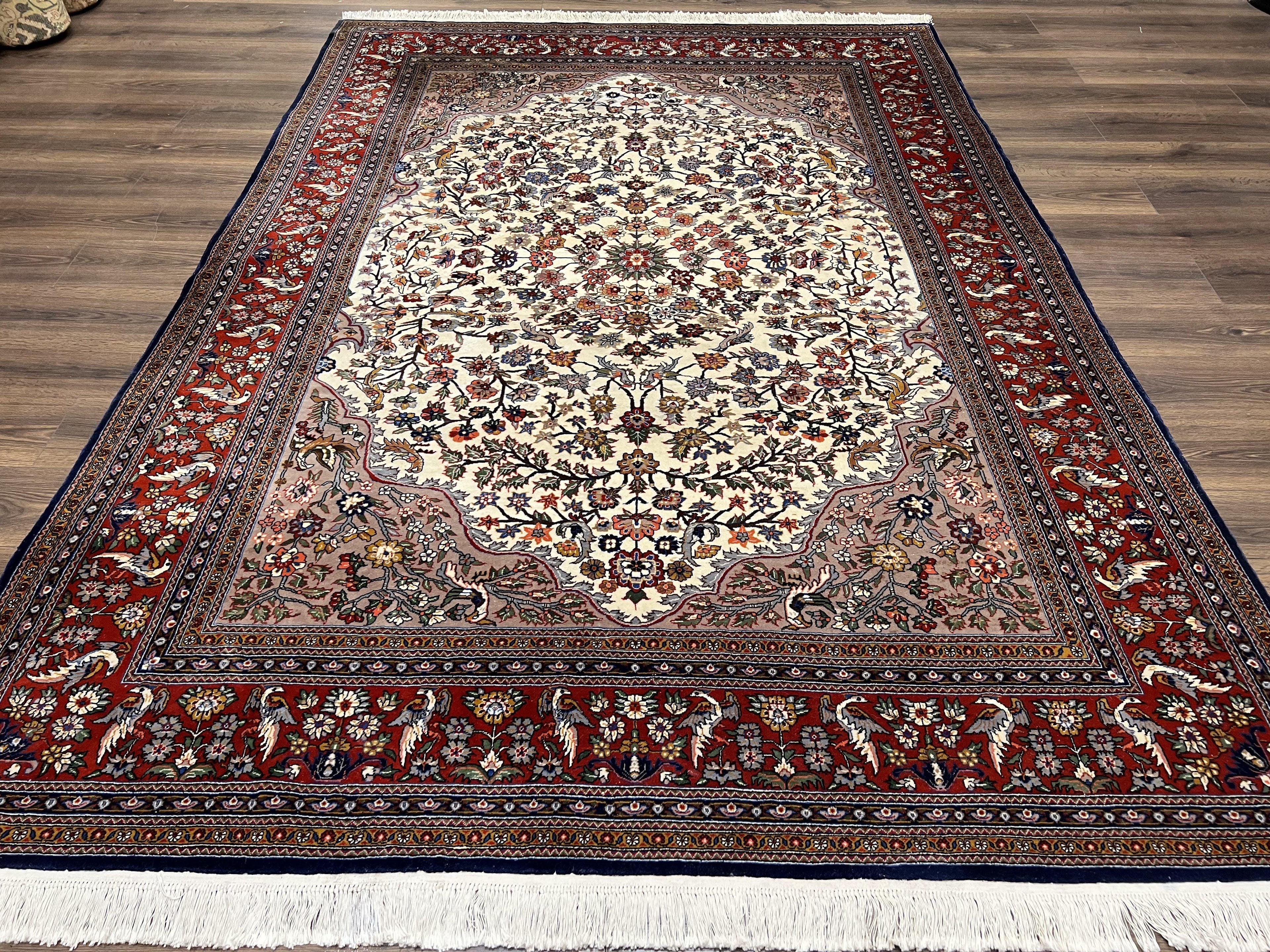 Beautiful Sino Persian Rug 7x10, Circle of Life Tree of Life Rug, Birds, Cream Red Navy Blue Taupe, Wool Silk Accents, Hand Knotted Vintage