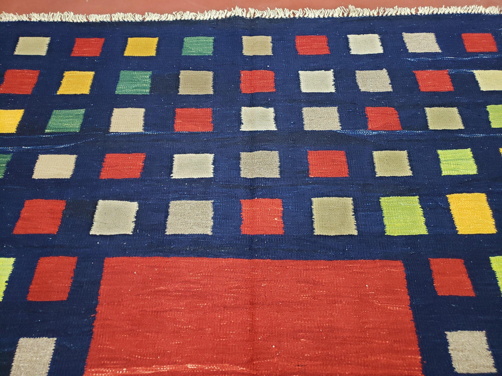 Turkish Kilim Rug 5x7 - 6x8, Checkerboard Kilim Carpet, Area Rug, New Playroom Rug, Colorful Multicolor Rug for Nursery Room, Dark Blue Red