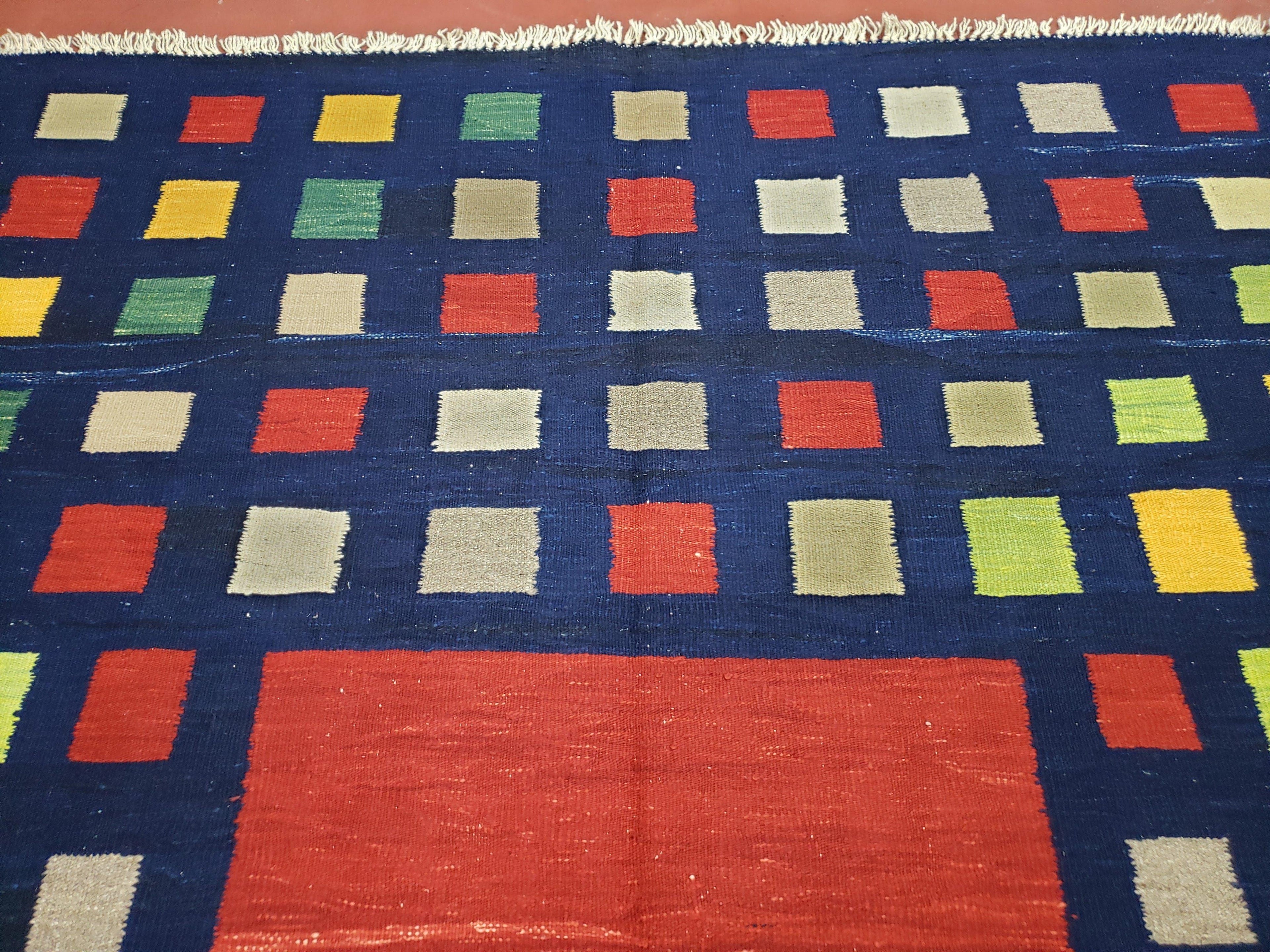Turkish Kilim Rug 5x7 - 6x8, Checkerboard Kilim Carpet, Area Rug, New Playroom Rug, Colorful Multicolor Rug for Nursery Room, Dark Blue Red