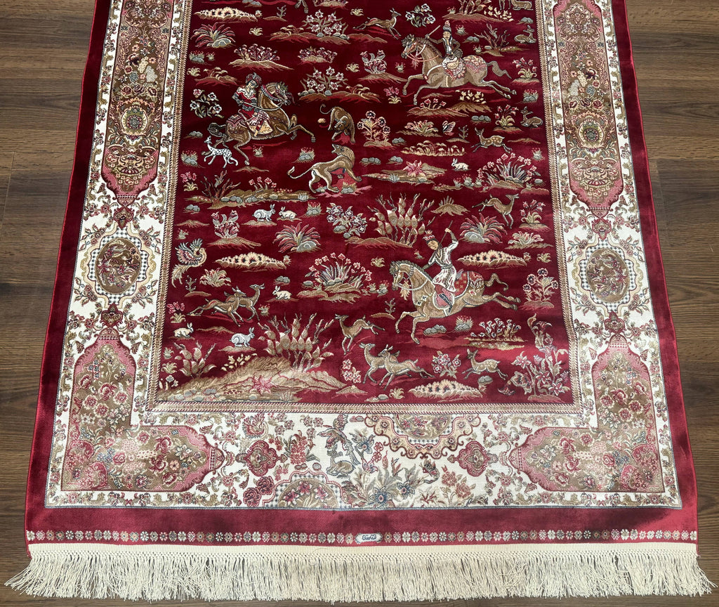 Turkish Silk Hunting Design Rug 4x6, Dark Red & Ivory, Bamboo Silk, New