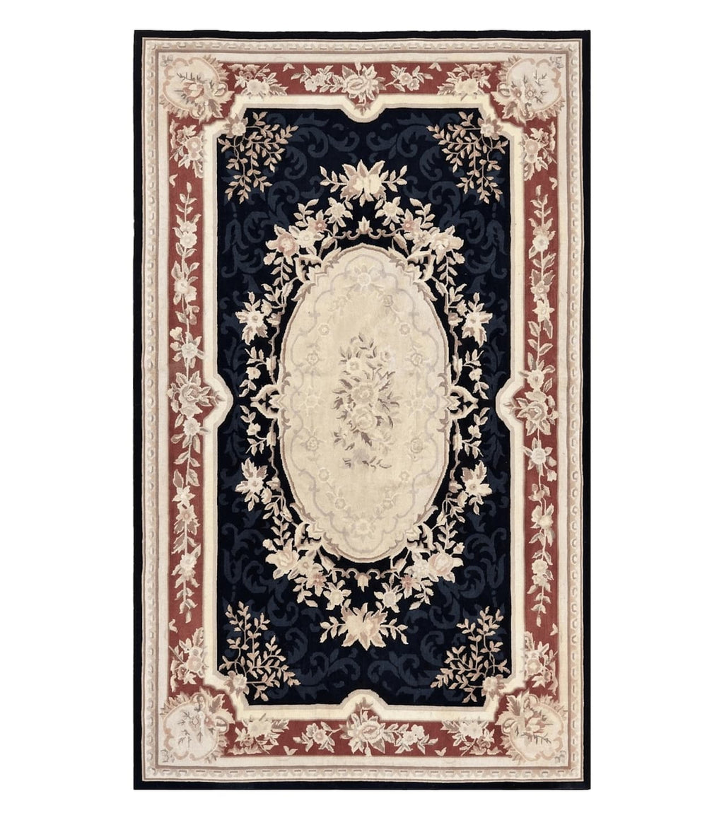 Needlepoint Rug 5x8, Wool Handmade Vintage European Design Carpet, Black & Maroon, French Aubusson Pattern Flatweave Rug