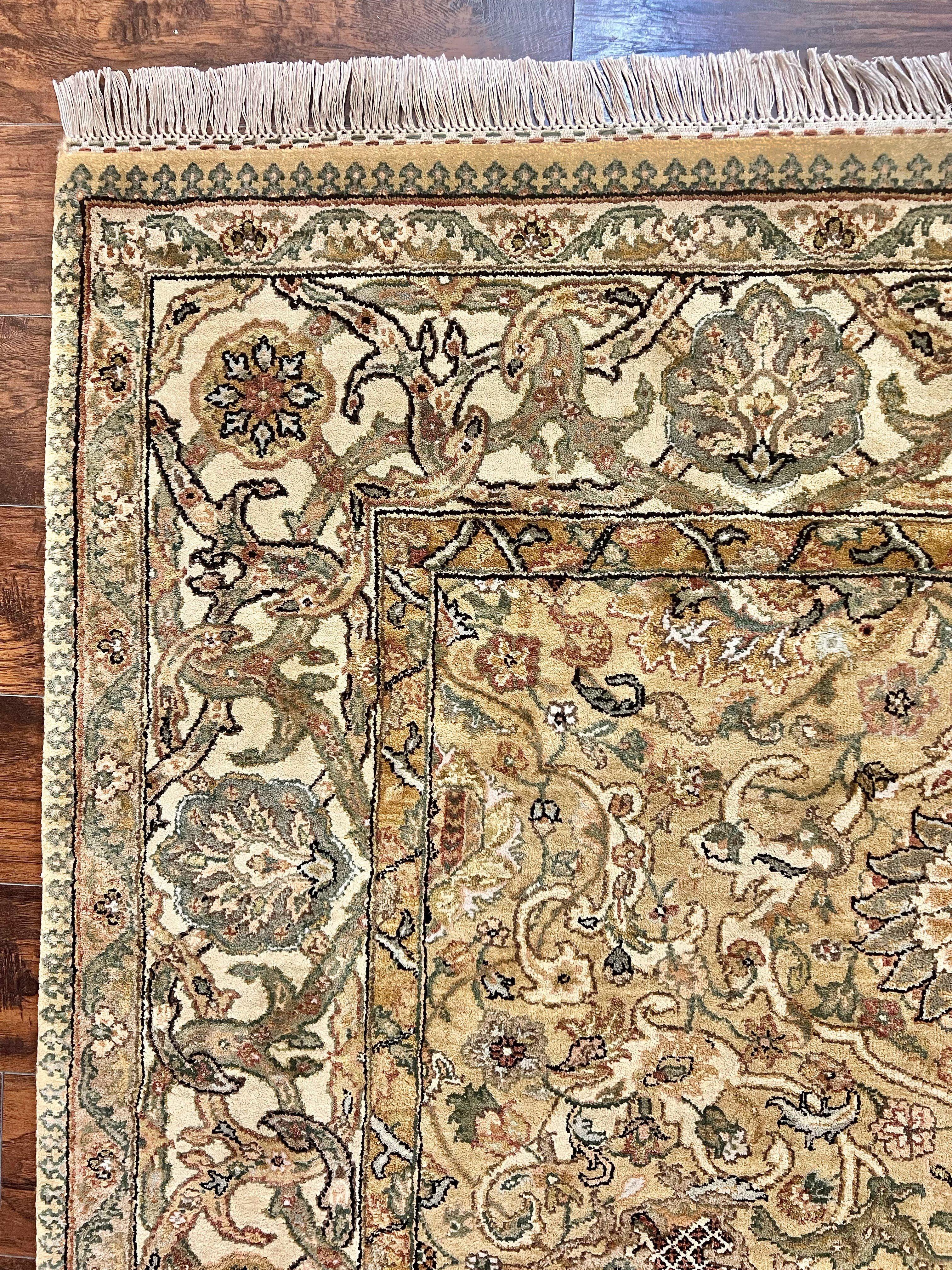 Indo Mahal Rug 8x10, Indian Jaipur Rug 8 x 10 ft, Wool Indo Persian Carpet, Handmade Traditional Floral Area Rug, Olive Green, Vintage Rug