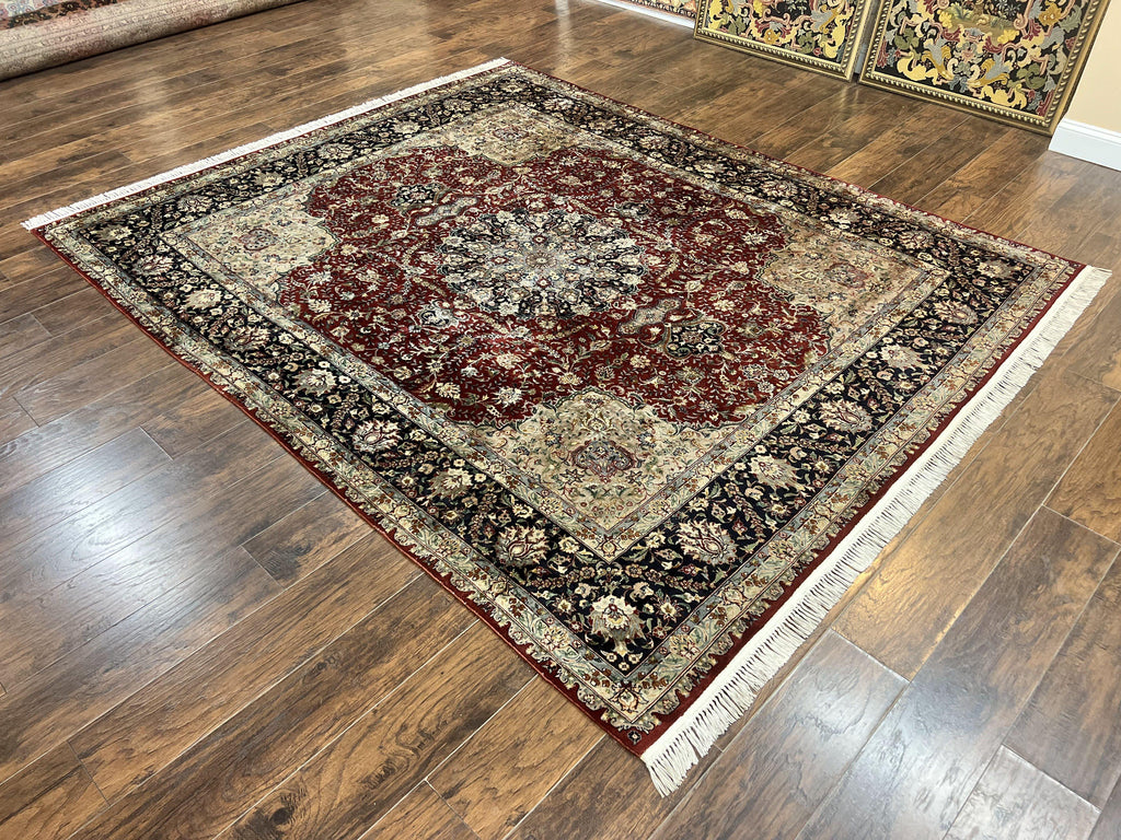 Pak Persian Rug 8x10, Wool Hand Knotted Vintage Carpet, Dark Red & Navy Blue, Dome Design Floral Medallion Rug, 8 x 10 Oriental Rug