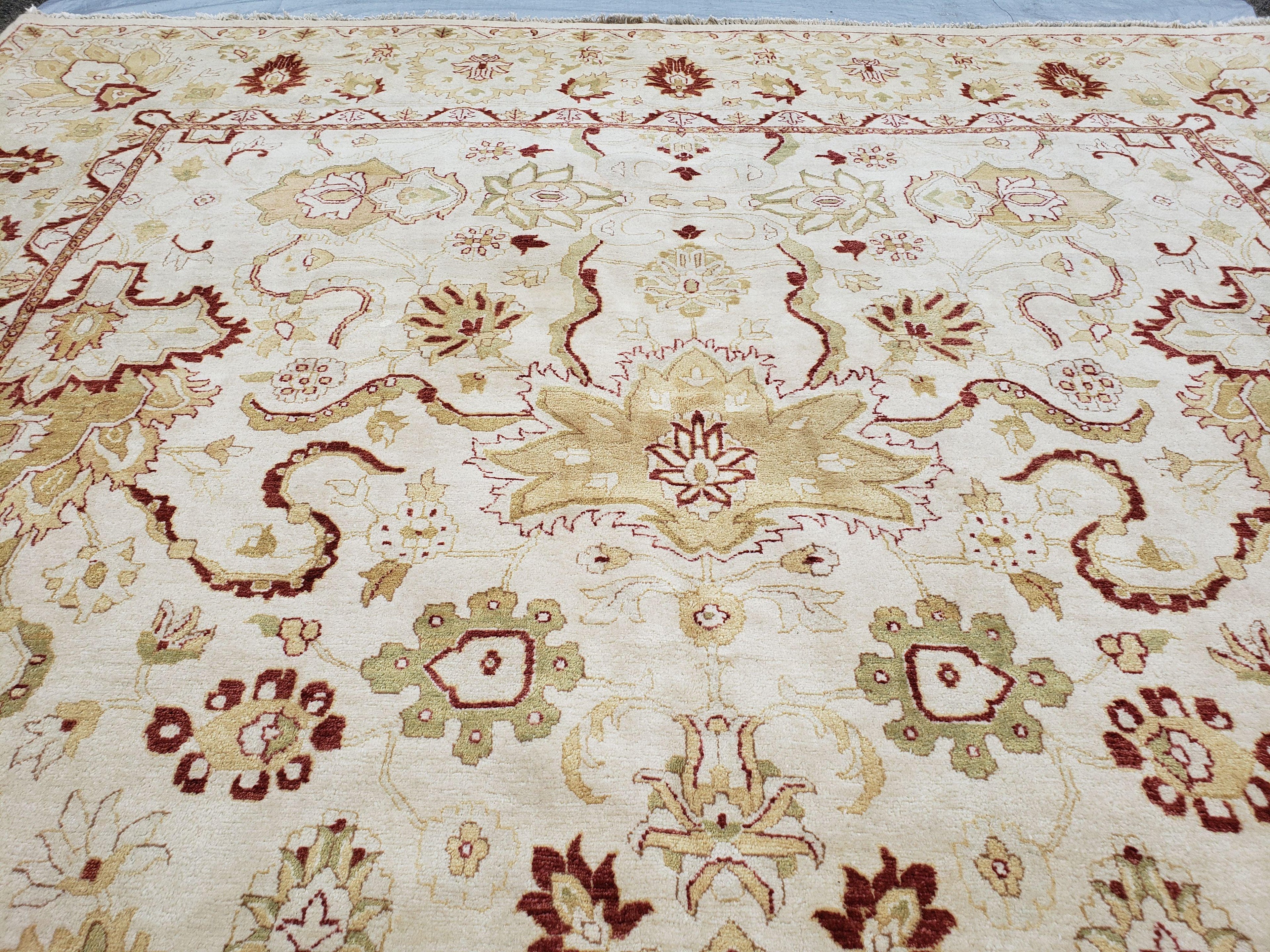 Vintage Oushak Area Rug, Hand-Knotted, Wool, Cream Beige Maroon, 10x15 Rug, 10x14 Rug, Large Oriental Carpet
