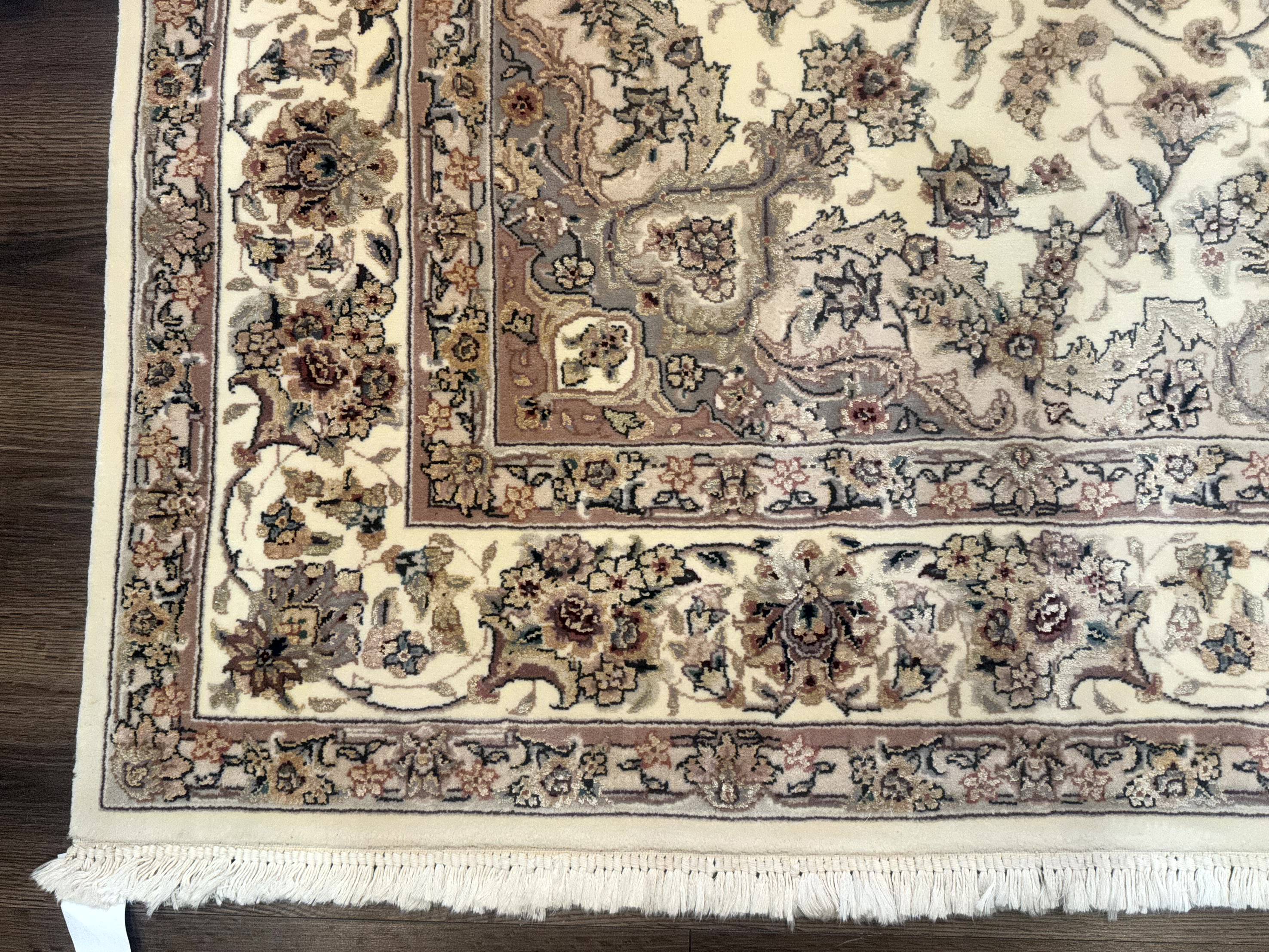 Sino Persian Rug 6x9, Floral Medallion, Ivory & Taupe, Wool with Silk Highlights, Fine 210 KPSI