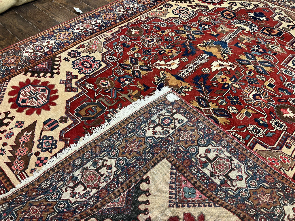 Antique Persian Heriz Rug 8x12 ft, Geometric Tribal Room Sized Carpet, Camel Hair Red Navy Blue, Wool Hand Knotted Medallion Oriental Carpet