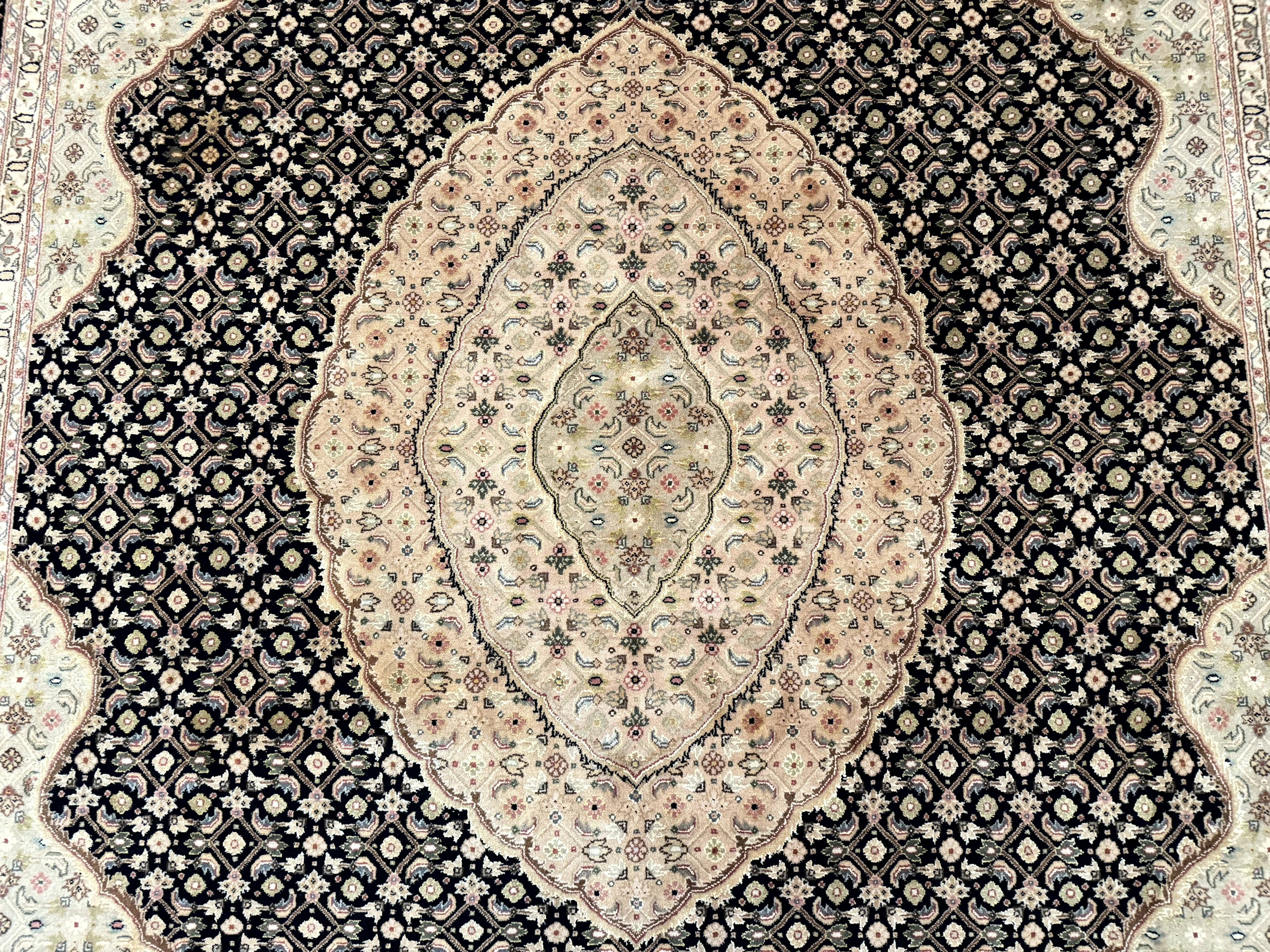 Sino Persian Rug 8x10, Herati Mahi Pattern, Fine 170 KPSI, Black, Wool and Silk Highlights