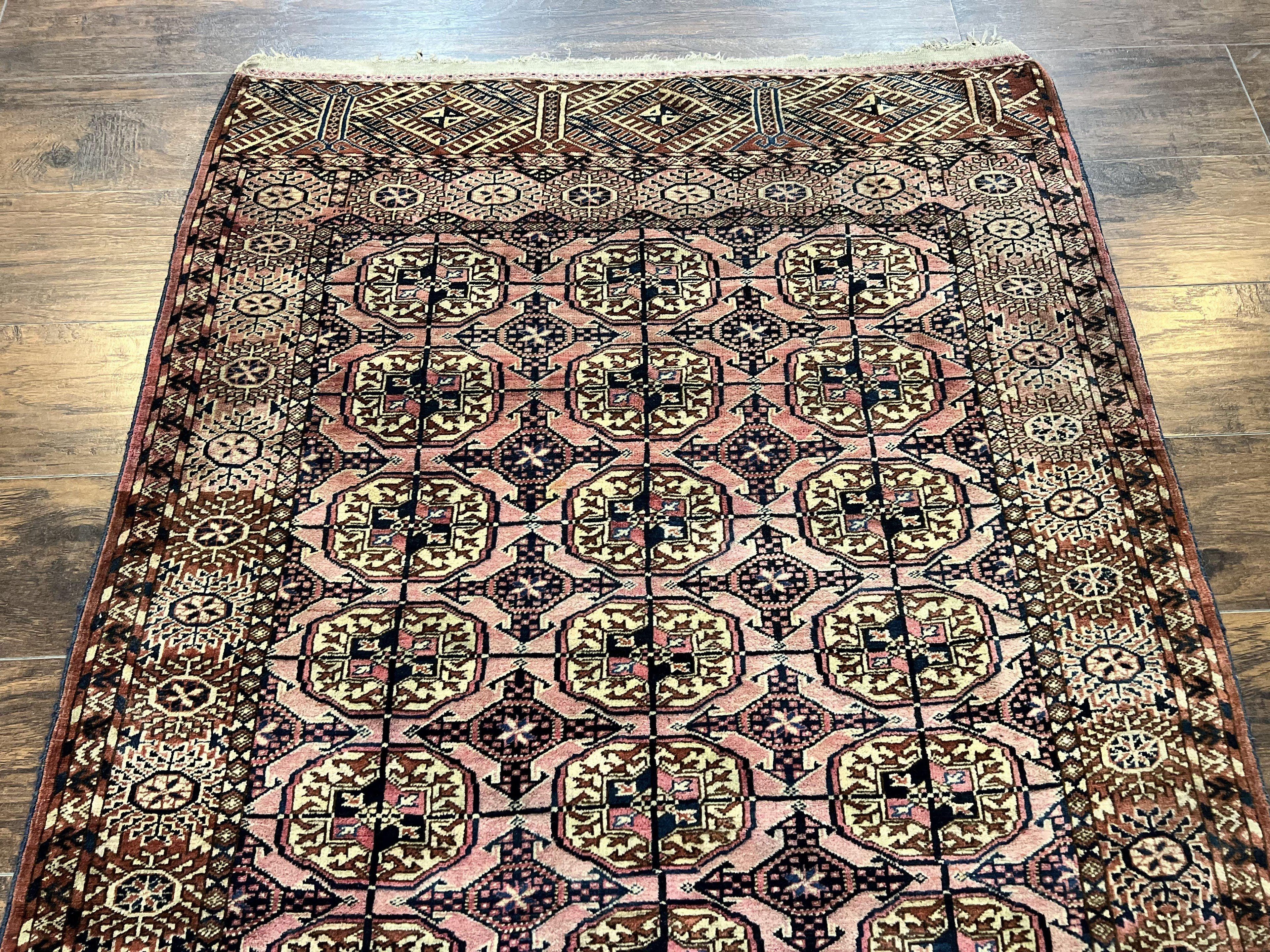 Persian Turkoman Rug 4x6, Wool Hand Knotted Antique Bokhara Carpet, Red Pink, Handmade Tribal Oriental Rug 4 x 6 ft