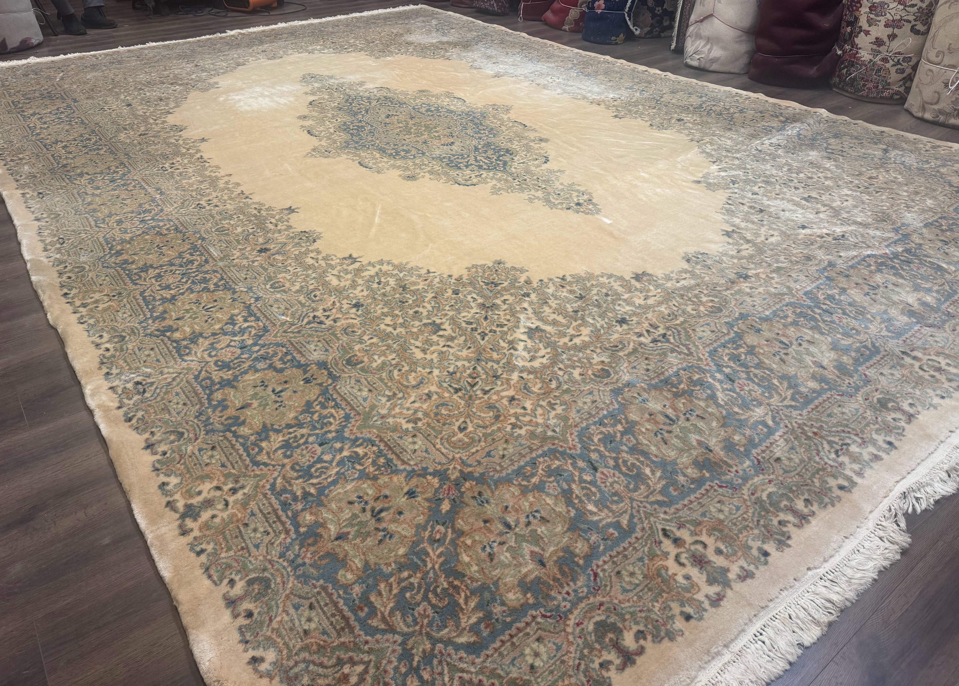 Palace Size Persian Kerman Rug 12x18, Floral Semi Open Field, Signed, Fine 240 KPSI
