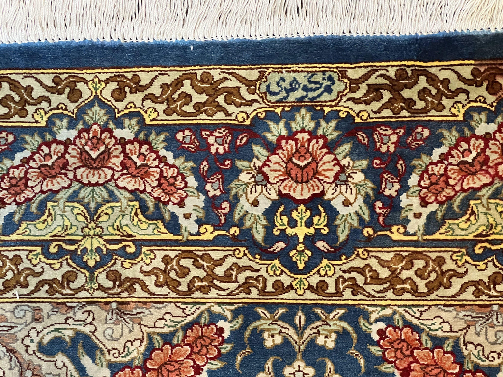 Magnificent Persian Qum Silk Rug 3x5, Blue, Super Fine 675 KPSI - 70 Raj, Floral Roses, Handmade Vintage Silk Carpet, Masterpiece