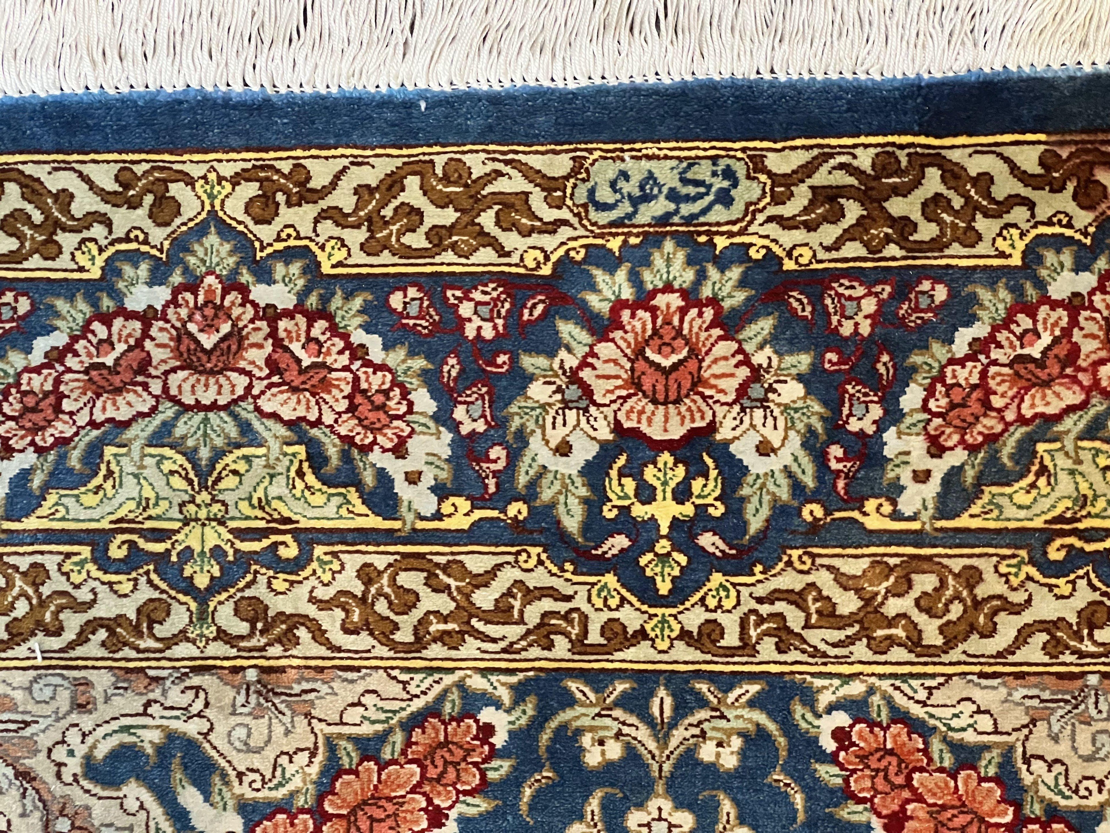 Magnificent Persian Qum Silk Rug 3x5, Blue, Super Fine 675 KPSI - 70 Raj, Floral Roses, Handmade Vintage Silk Carpet, Masterpiece