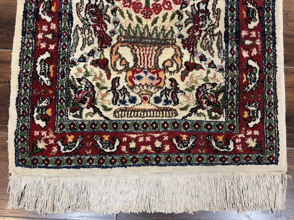 Small Indo Persian Rug 2x3 ft, Wool with Silk Highlights, Animal Pictorials, Birds