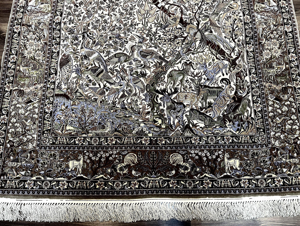 Persian Isfahan Rug 5x8 - Tree of Life, Animal Pictorials, Kork Wool & Silk
